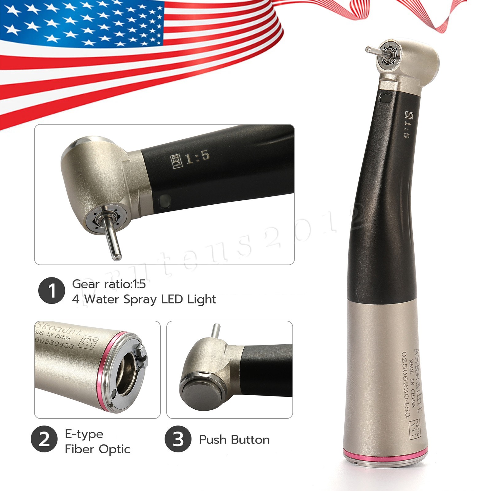 Dental 1:5 Increasing Handpiece Contra Angle LED Fiber Optic /Cartridge Rotor US