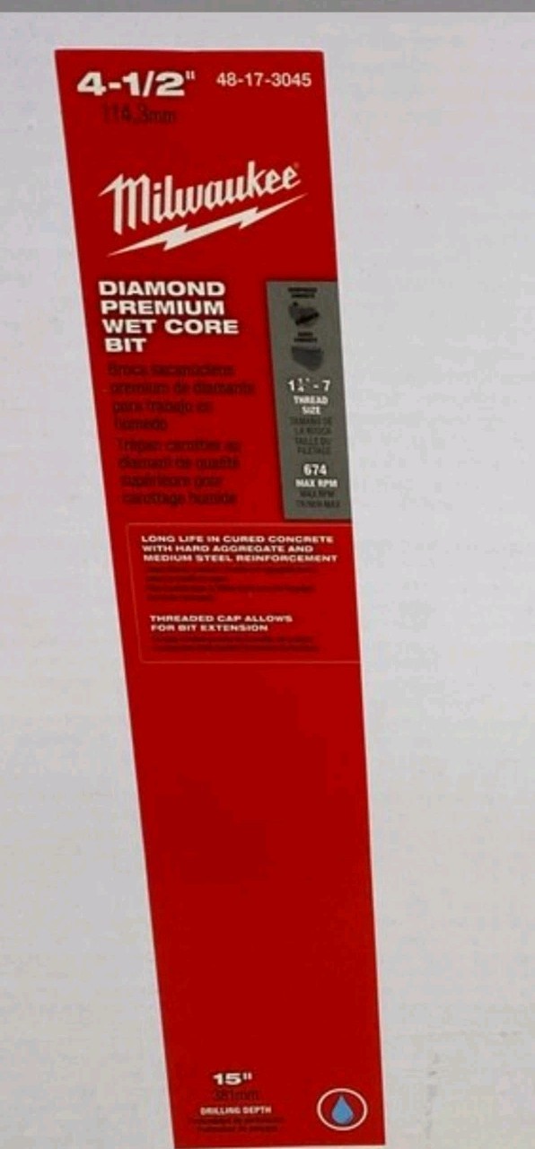 Milwaukee 48-17-3045 4-1/2″ Diamond Premium Wet Core Bit 15″ cutting depth