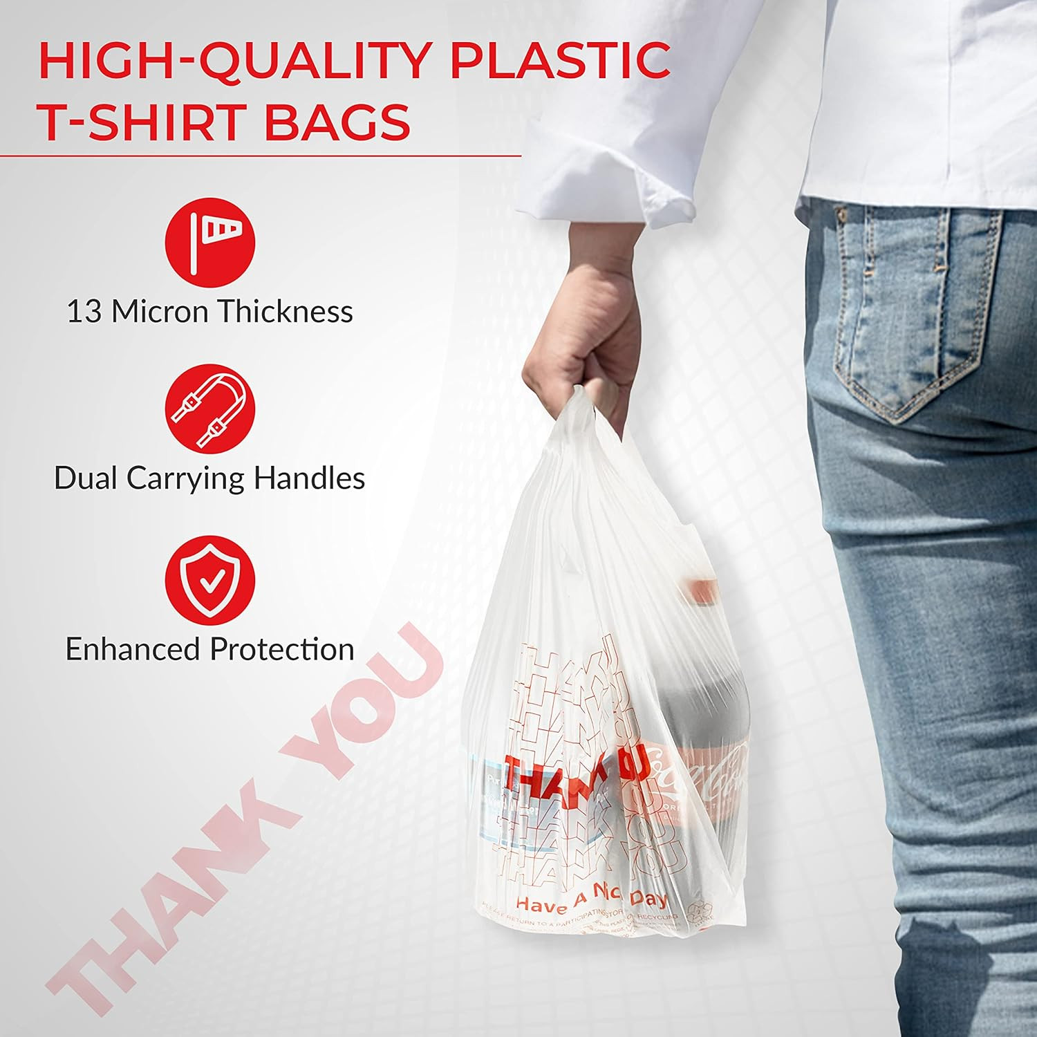 Thank You T-Shirt Plastic Bags 1000 Count 11″ x 6″ x 21″ White 1/6 Barrel