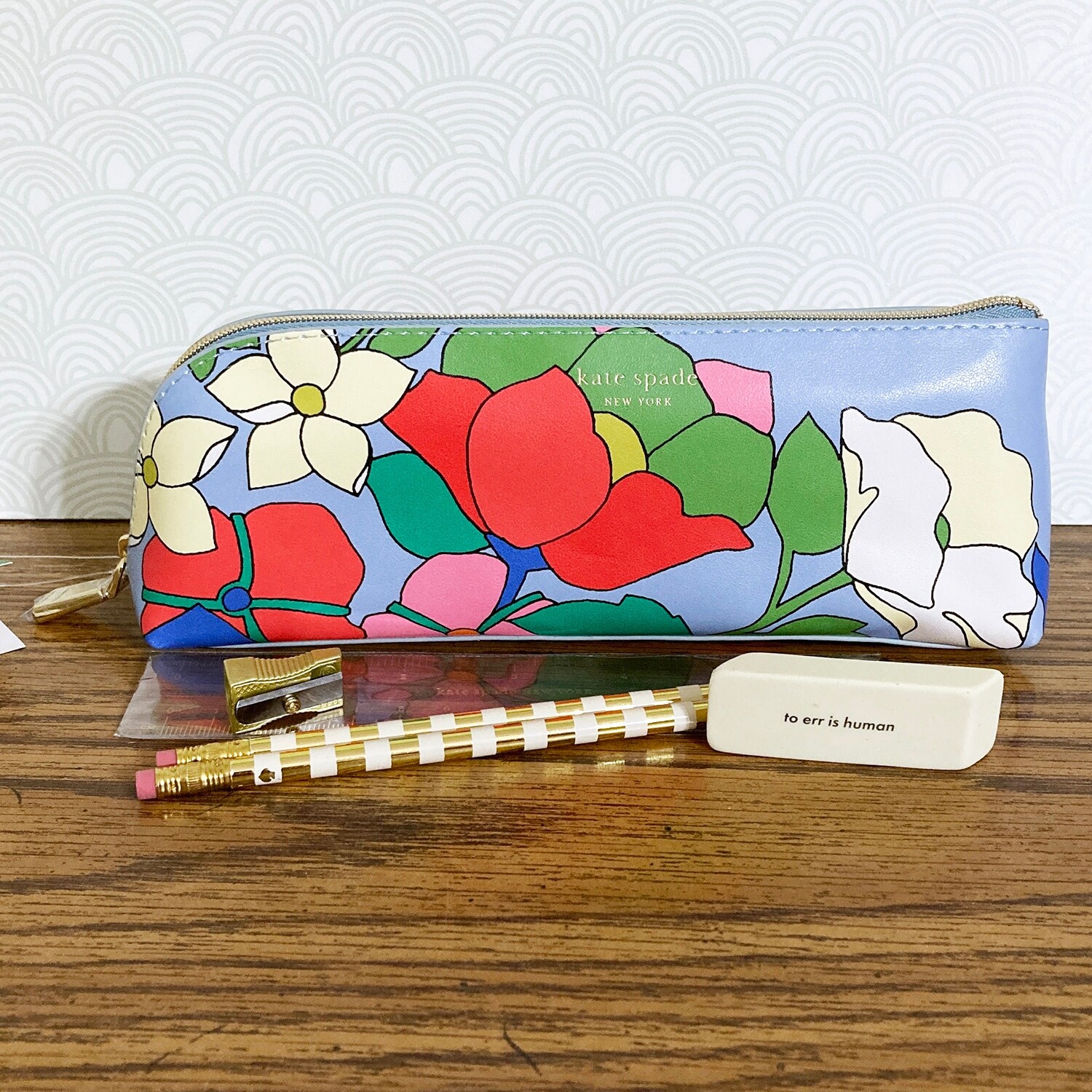 Kate Spade Pencil Pouch Cosmetic Case Travel Bag Faux Leather w Accessories