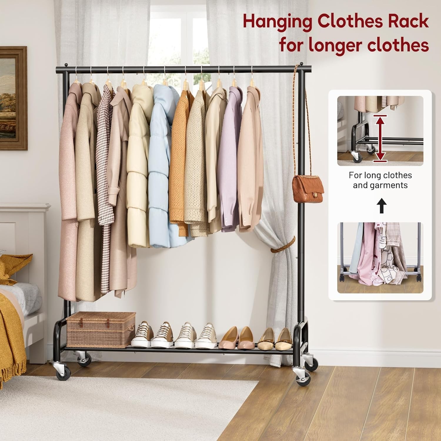 Heavy Duty Metal Clothing Rack 43W Rollers for Coats Shirts Dress Storage