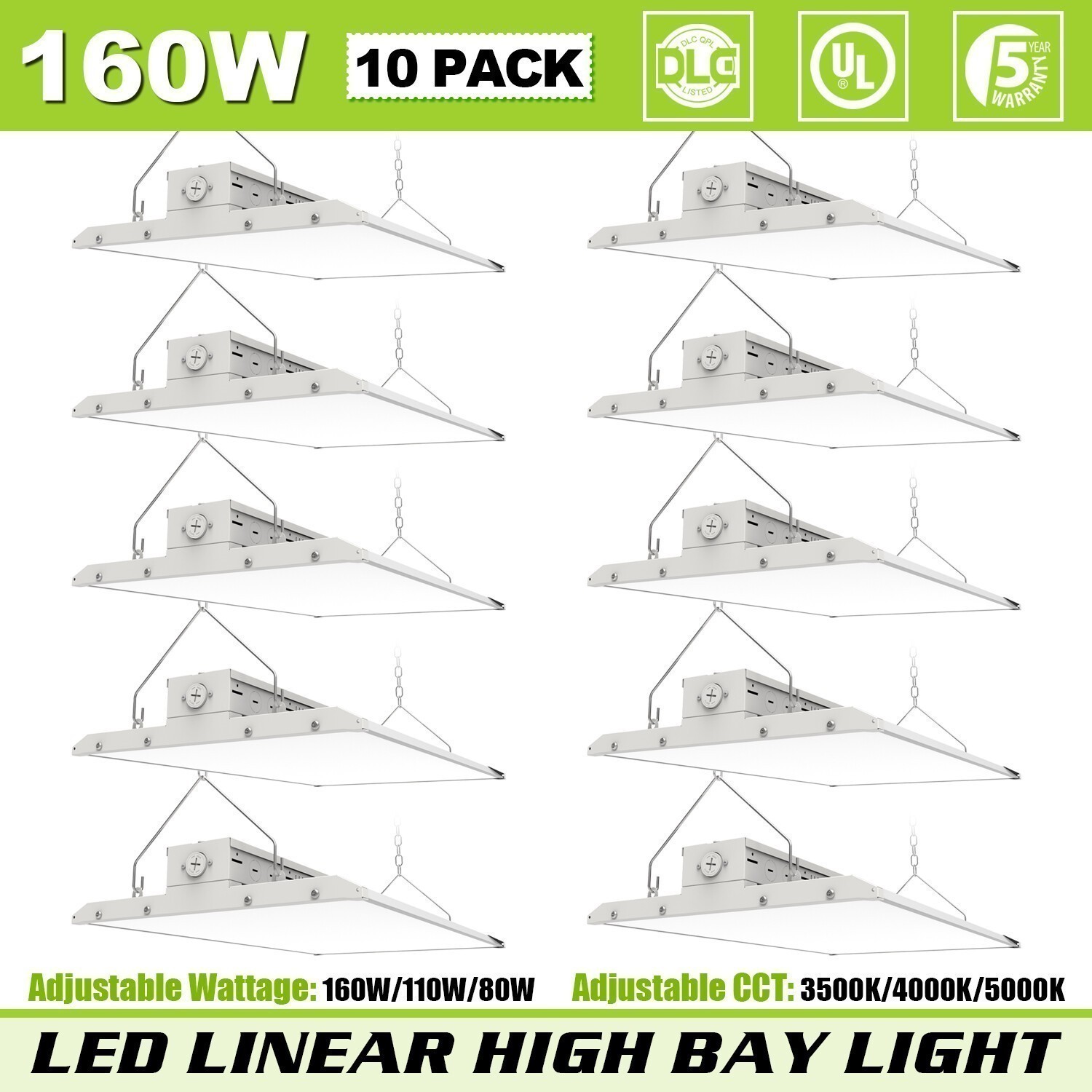 10PCS 160W LED Linear High Bay Shop Light UL Listed Adjustable 3500K/4000K/5000K