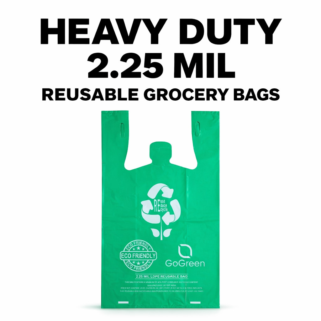Reusable Grocery Bags 2.25 Mil Heavy Duty Green T-Shirt Bags 1/6 Size Bulk