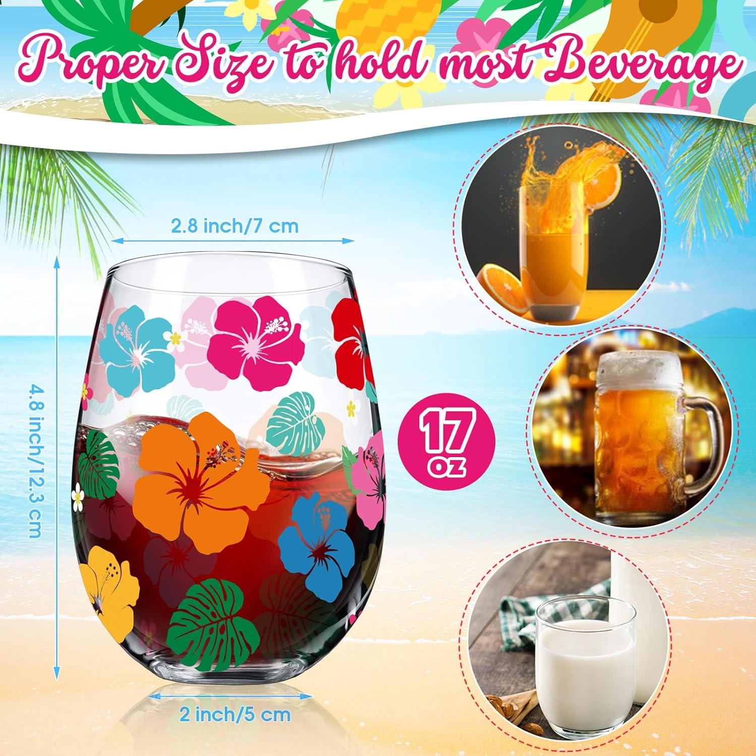 2 Pack 17oz Summer Hawaiian Stemless Wine Glasses Aloha Stemless Wine Glass Luau