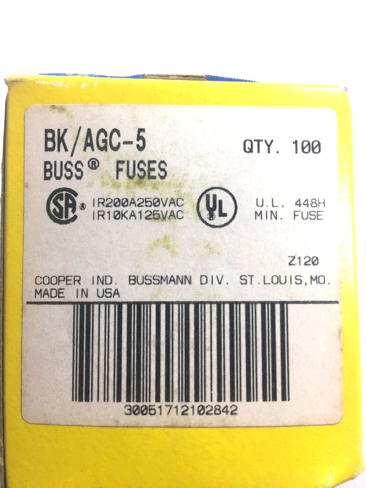 Bussman 100 Count BK/AGC-5 Cartridge Fuses 250VAC NEW USA BUSS FUSES