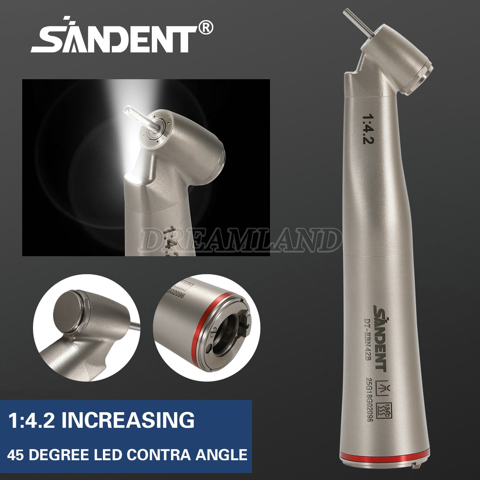 Dental 45° Angle inner Channel contra angle fiber optic LED 1:4.2 handpiece USA