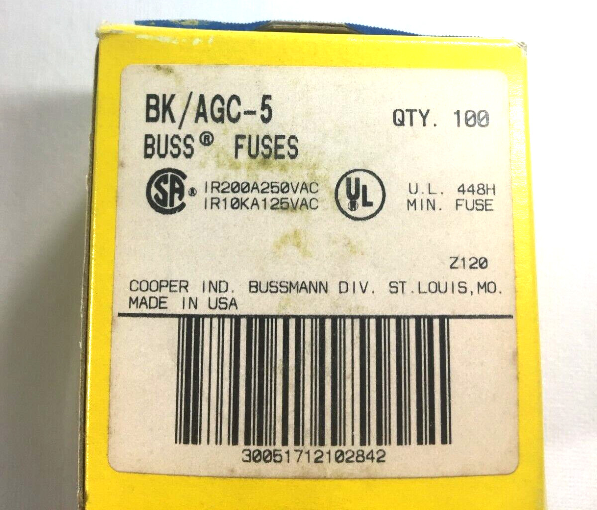 Bussman 100 Count BK/AGC-5 Cartridge Fuses 250VAC NEW USA BUSS FUSES