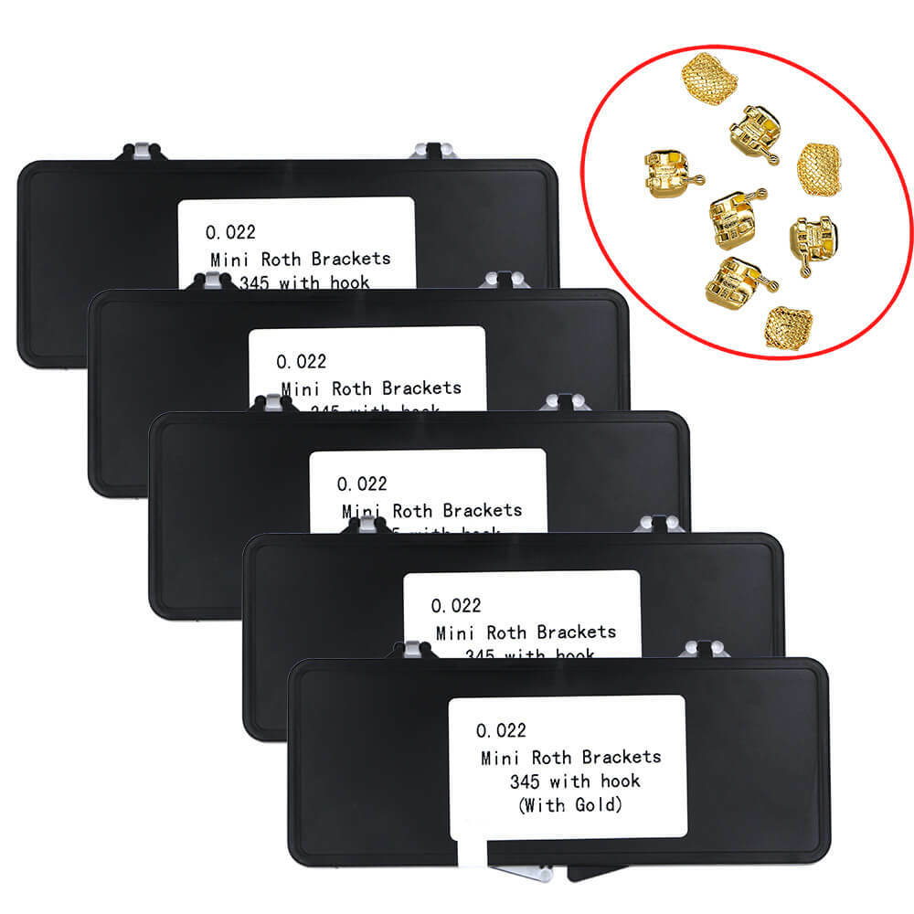 18K Gold Coated Orthodontic Metal Brackets, Mini Roth .022 3-4-5 with Hook