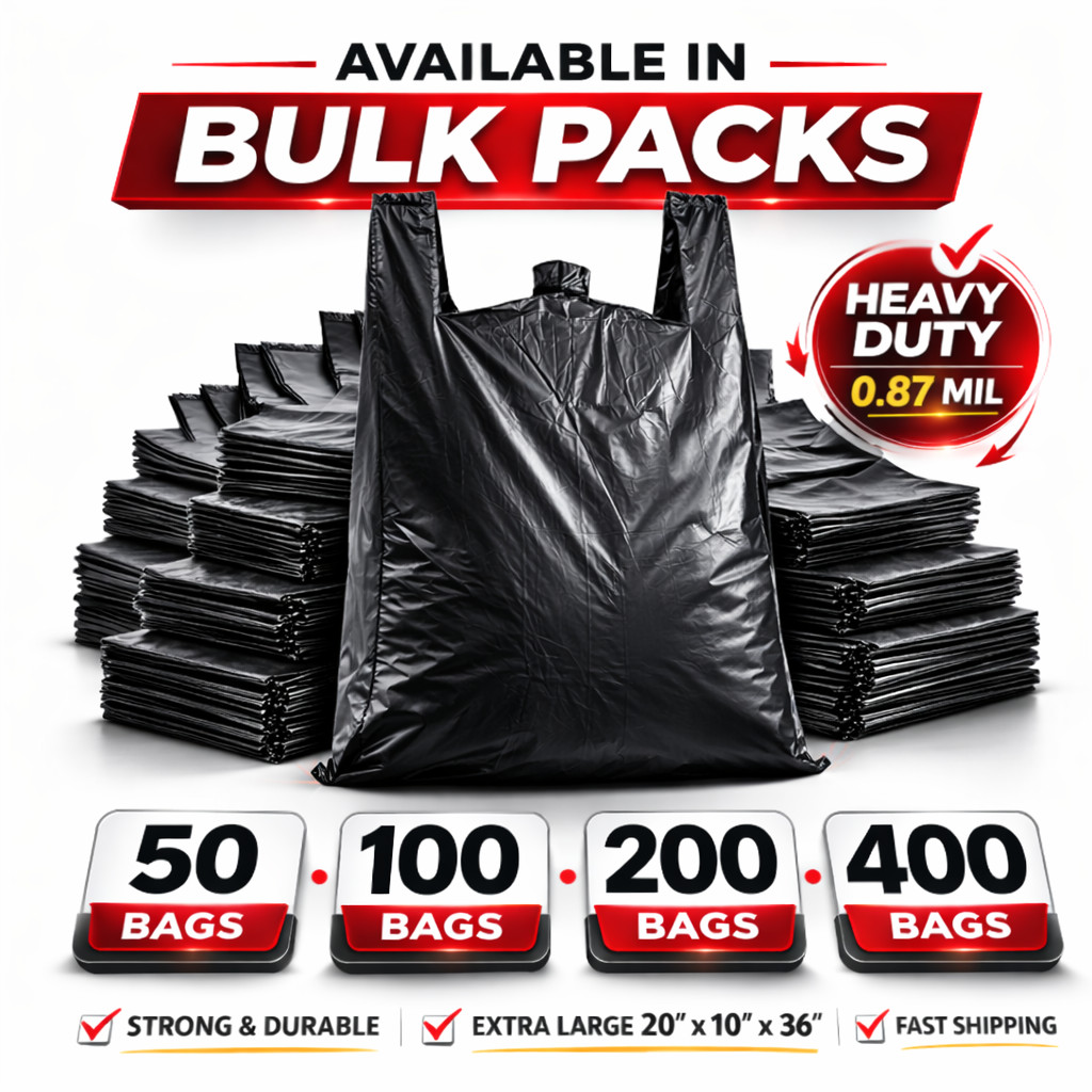XL Black T-Shirt Bags 20x10x36″ 0.87 Mil HEAVY DUTY Grocery Shopping Plastic