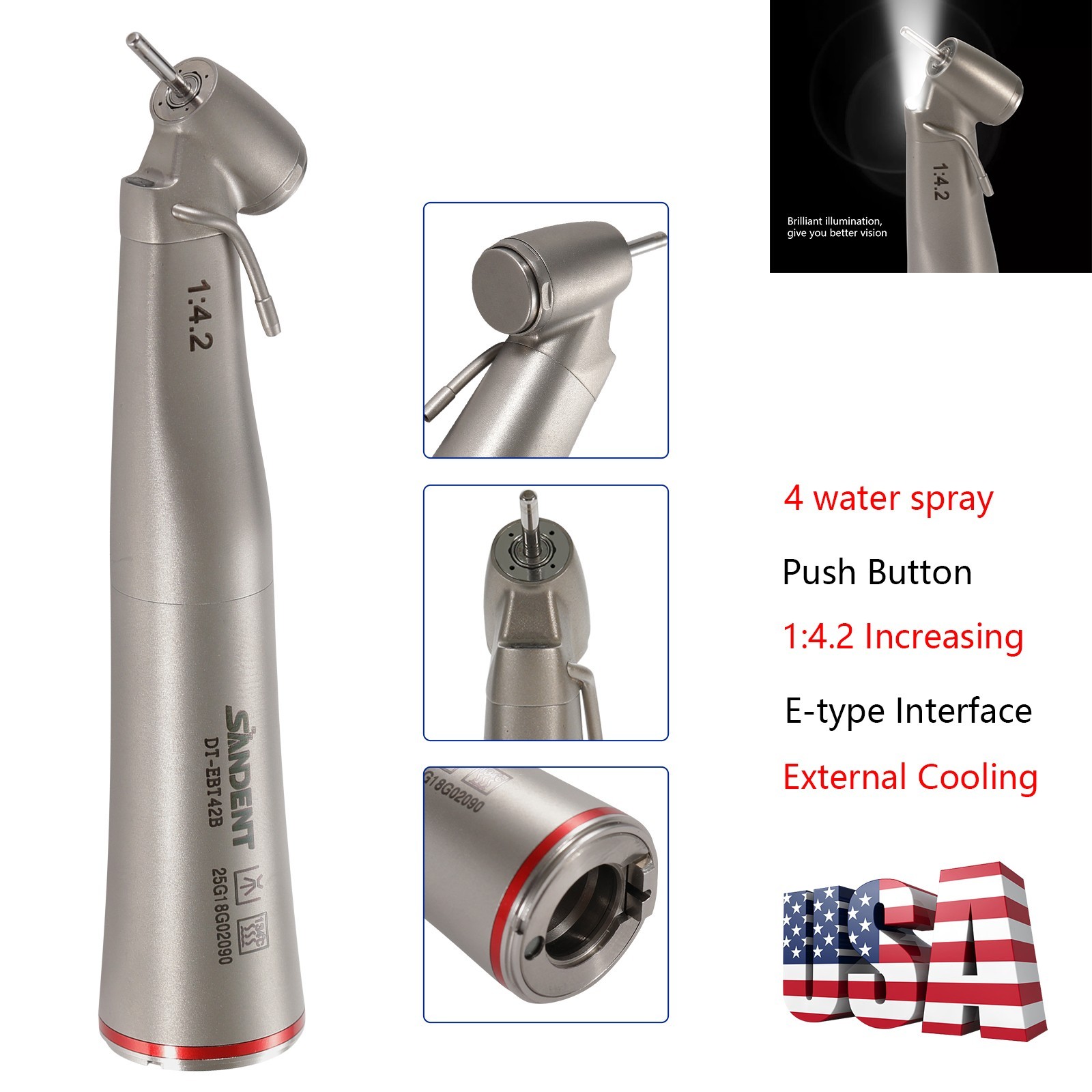 Dental Optic Fiber LED 1:4.2 Increasing Handpiece 45°Angle Head External Channel