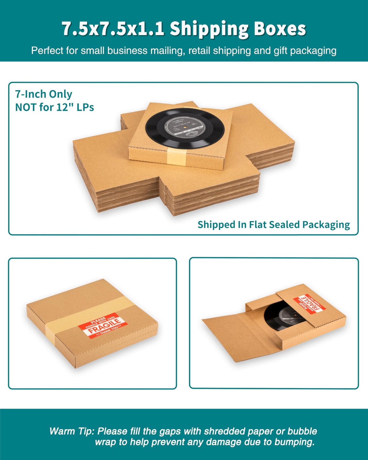 7″ 45 RPM Vinyl Record Mailers (NOT for 12″ LPs), 7.5″ x 7.5″ x 1.1″ Thin Kra…