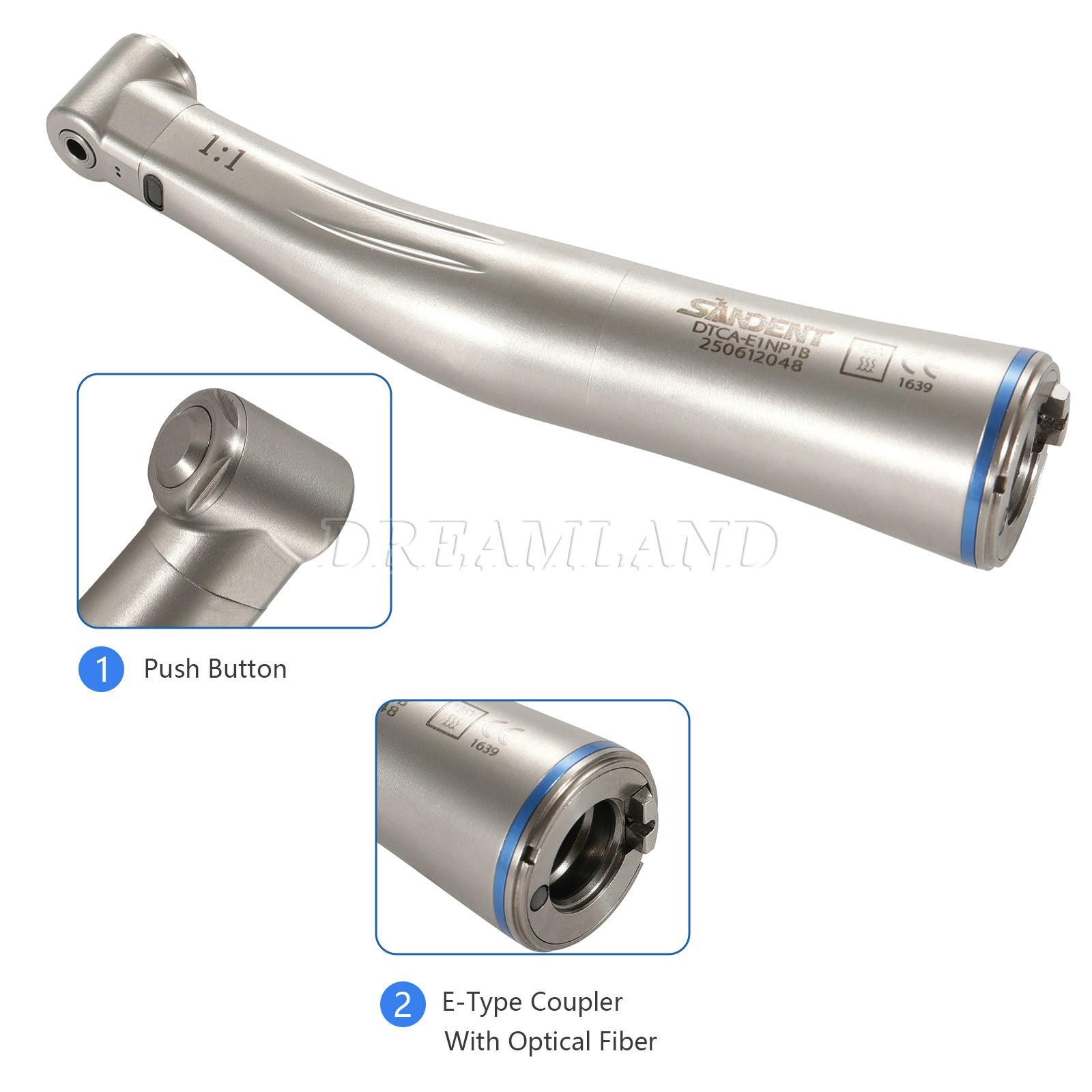 Dental 1:1 LED Light Fiber Optic Contra Angle Handpiece Fit E-type Motor DT USA