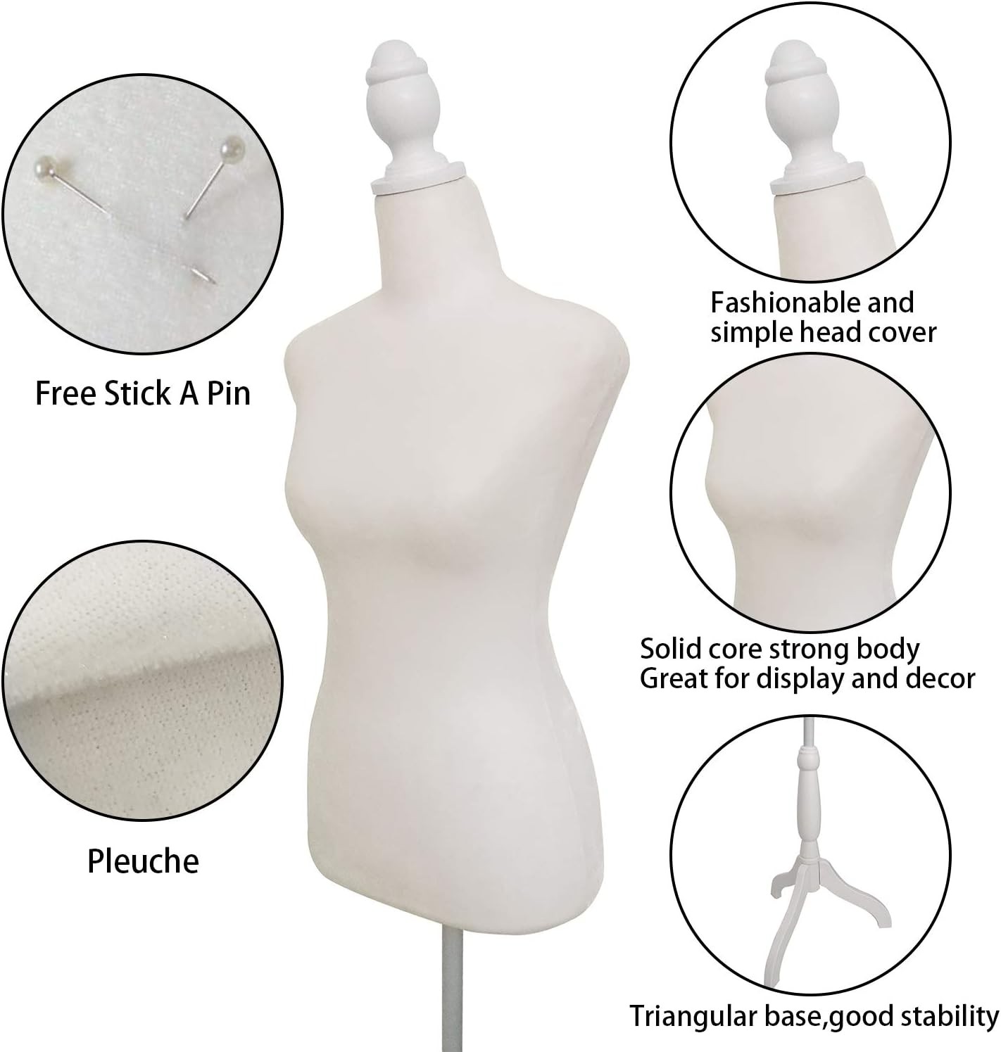 White Female Dress Form Mannequin Torso Body with Adjustable Tripod Stand Show