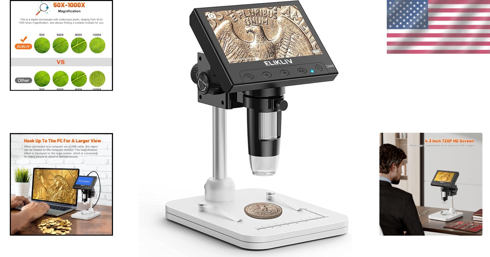 High-Definition Coin Microscope 1000x – LED Illumination & USB PC Compatibility