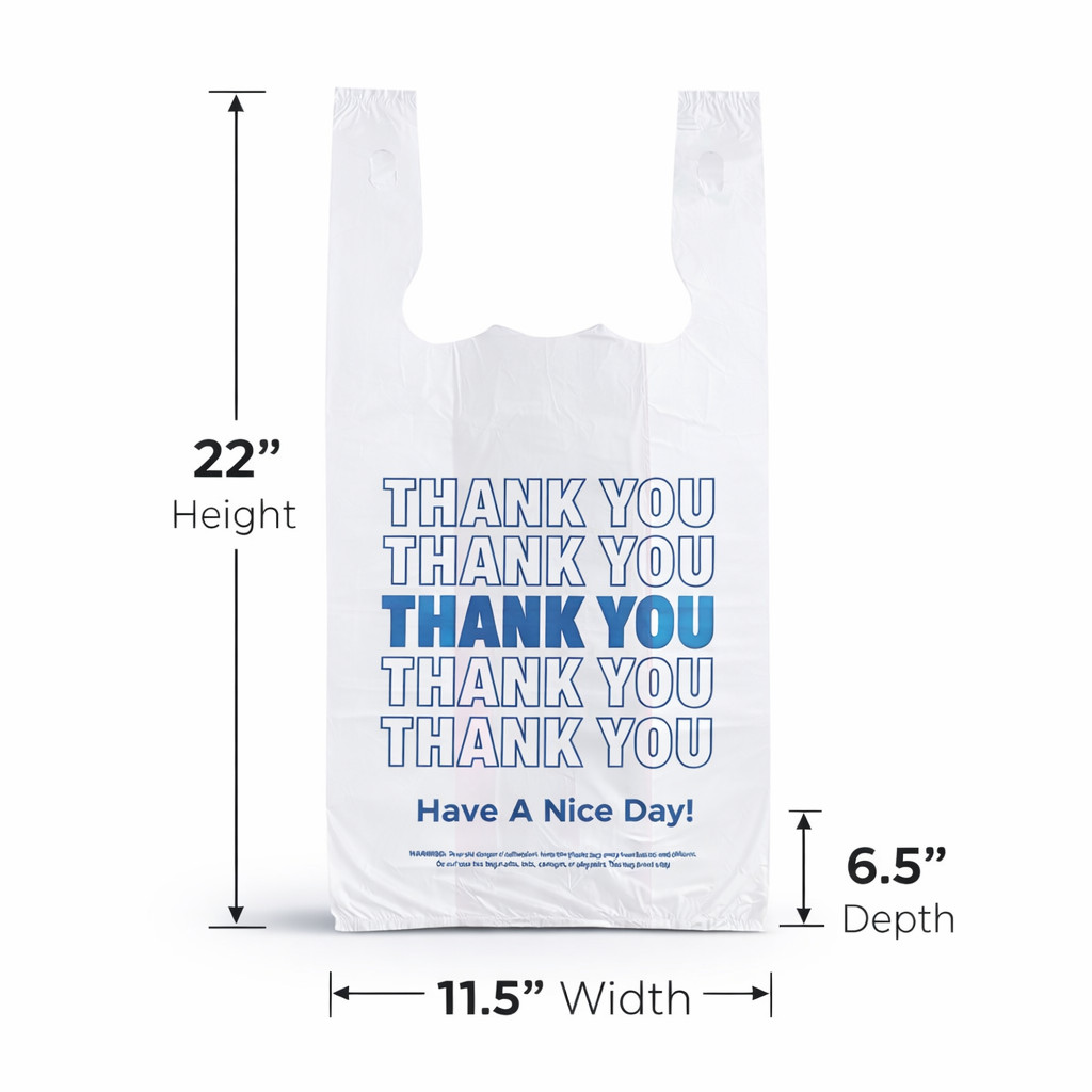 Bags 1/6 Large 21 x 6.5 x 11.5 White THANK YOU T-Shirt Plastic Shopping Grocery