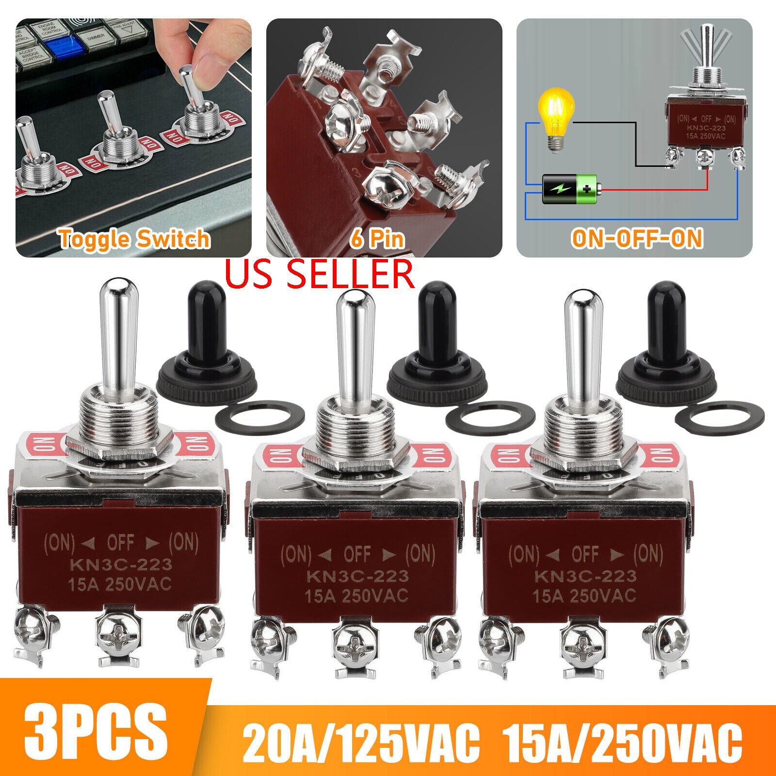 3X 3 Position 6Pin Toggle Switch Heavy Duty 20A 125V/15A 250V DPDT (ON)-OFF-(ON)