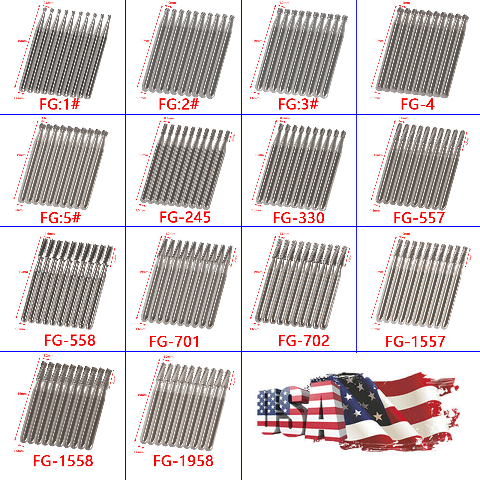 Carbide Burs FG Friction Grip CROSS CUT FISSURE ROUND END Pkg/10