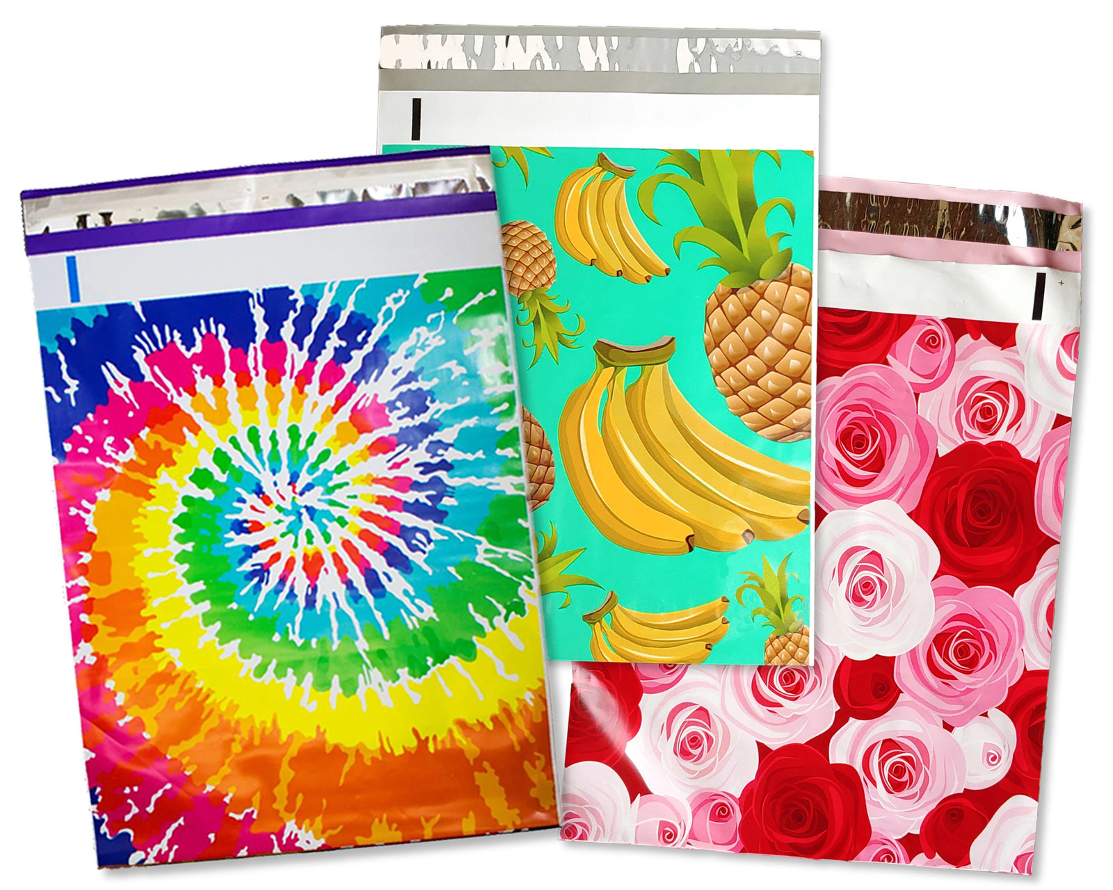 10×13 Tie Dye, Aqua Teal Pineapple, Red & Pink Roses Poly Shipping Mailer Combo
