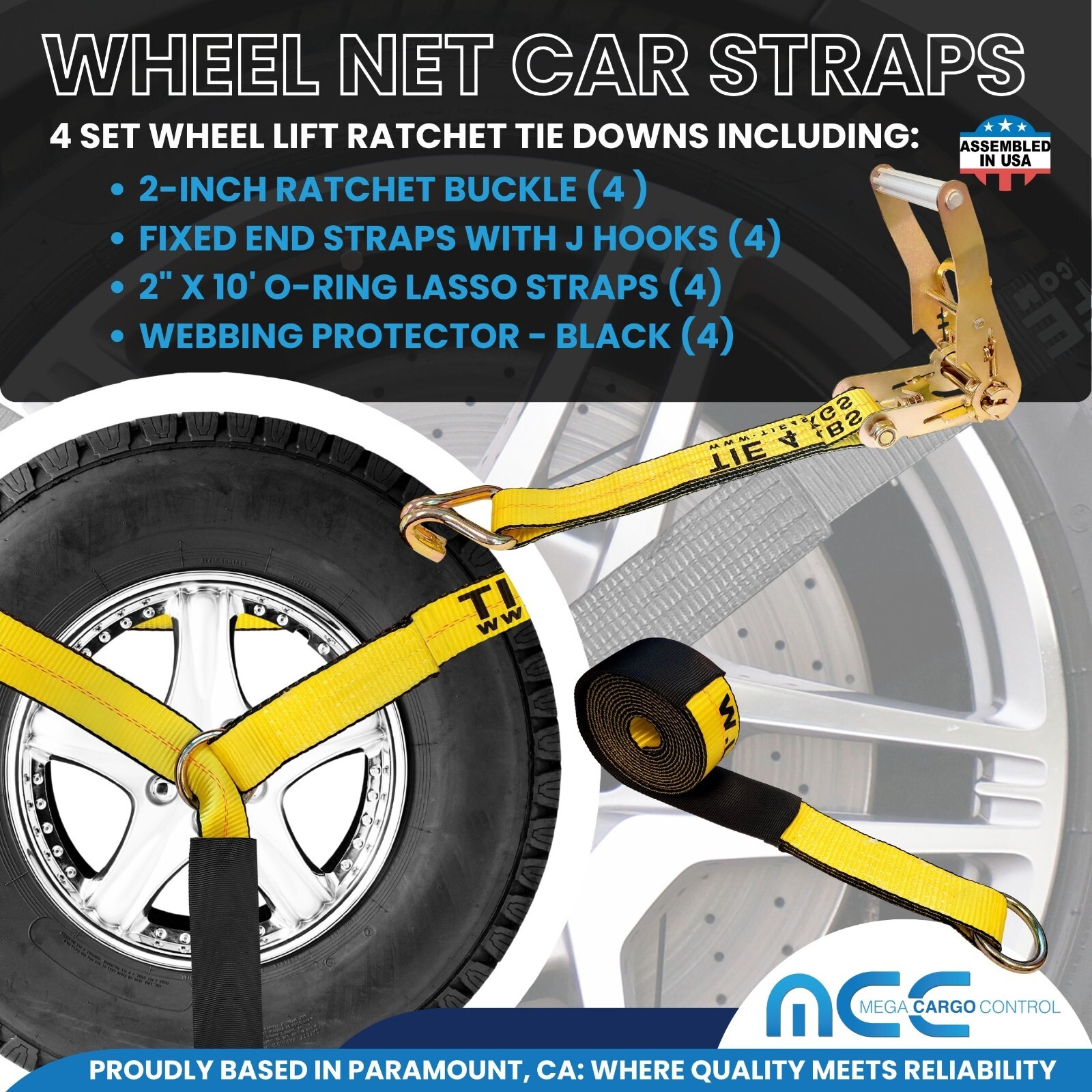 USA 4 Pack 2″ x 10′ Side Mount Wheel Net Tie Down Kit w/Wire J Hook Auto Hauler