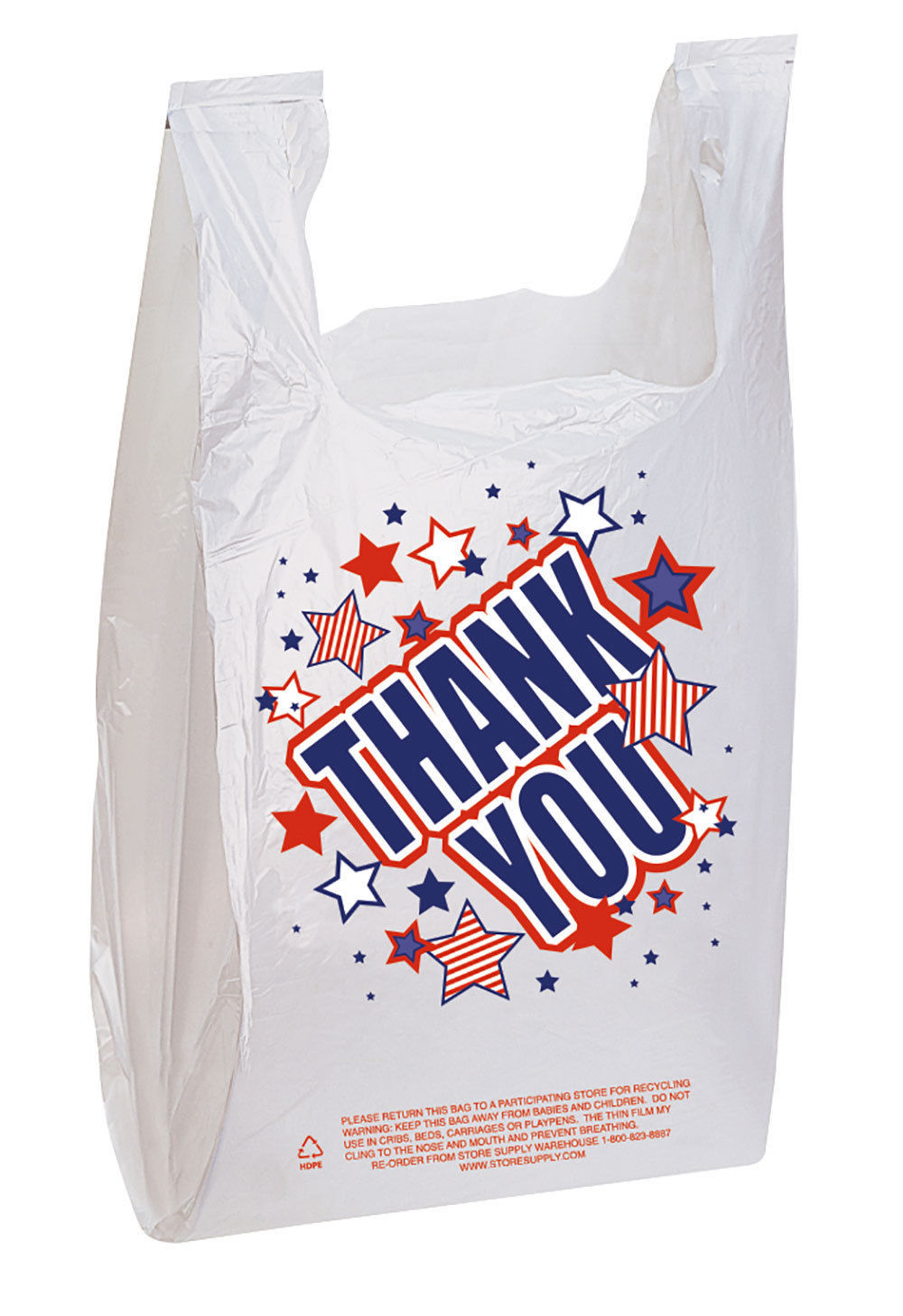 11 ½” x 6″ x 21″ Plastic T-shirt Bags 500 Grocery Thank You Red White Blue