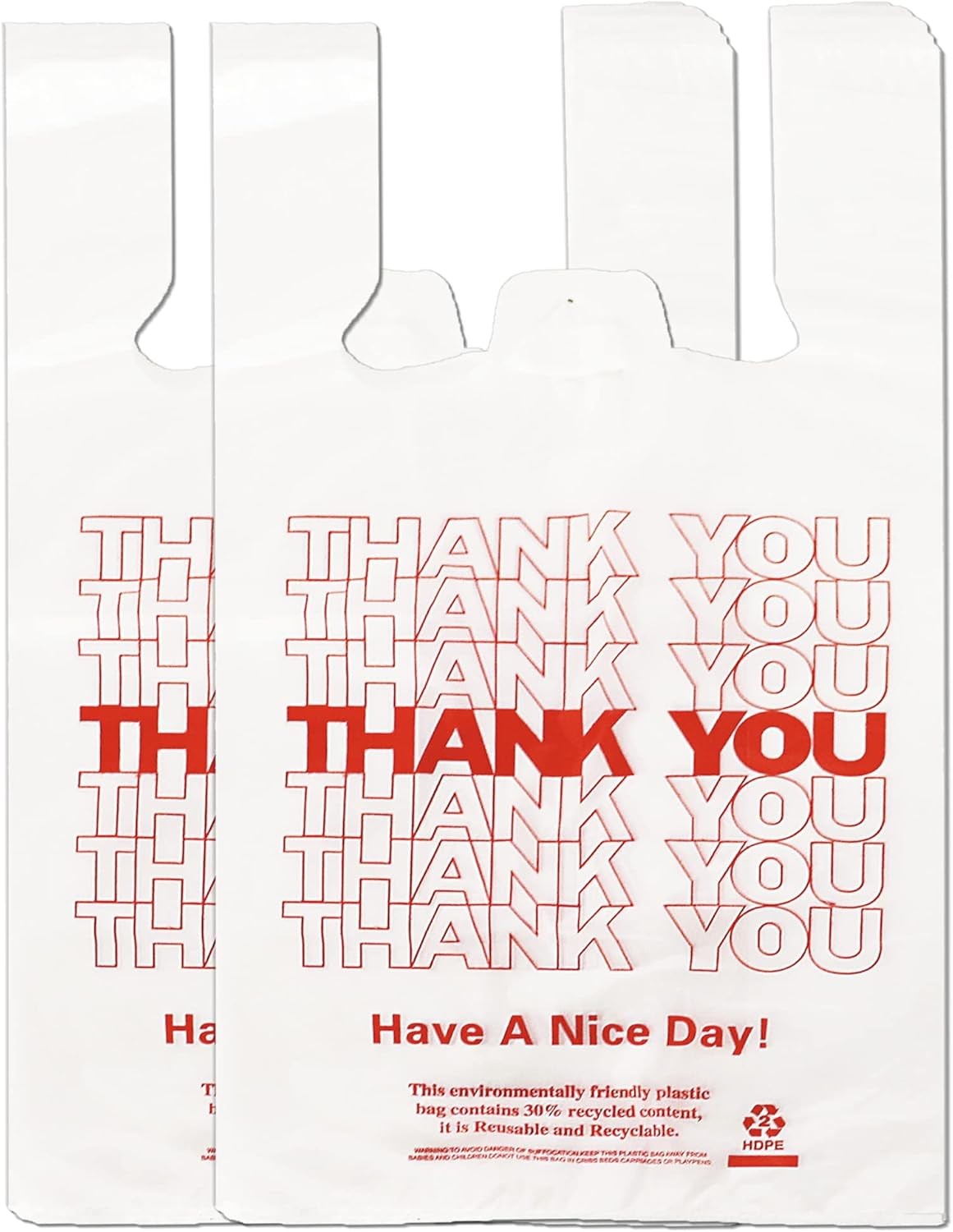 100 Count White Thank You T-Shirt Bags, 11 x 6 x 21 in | Durable HDPE with