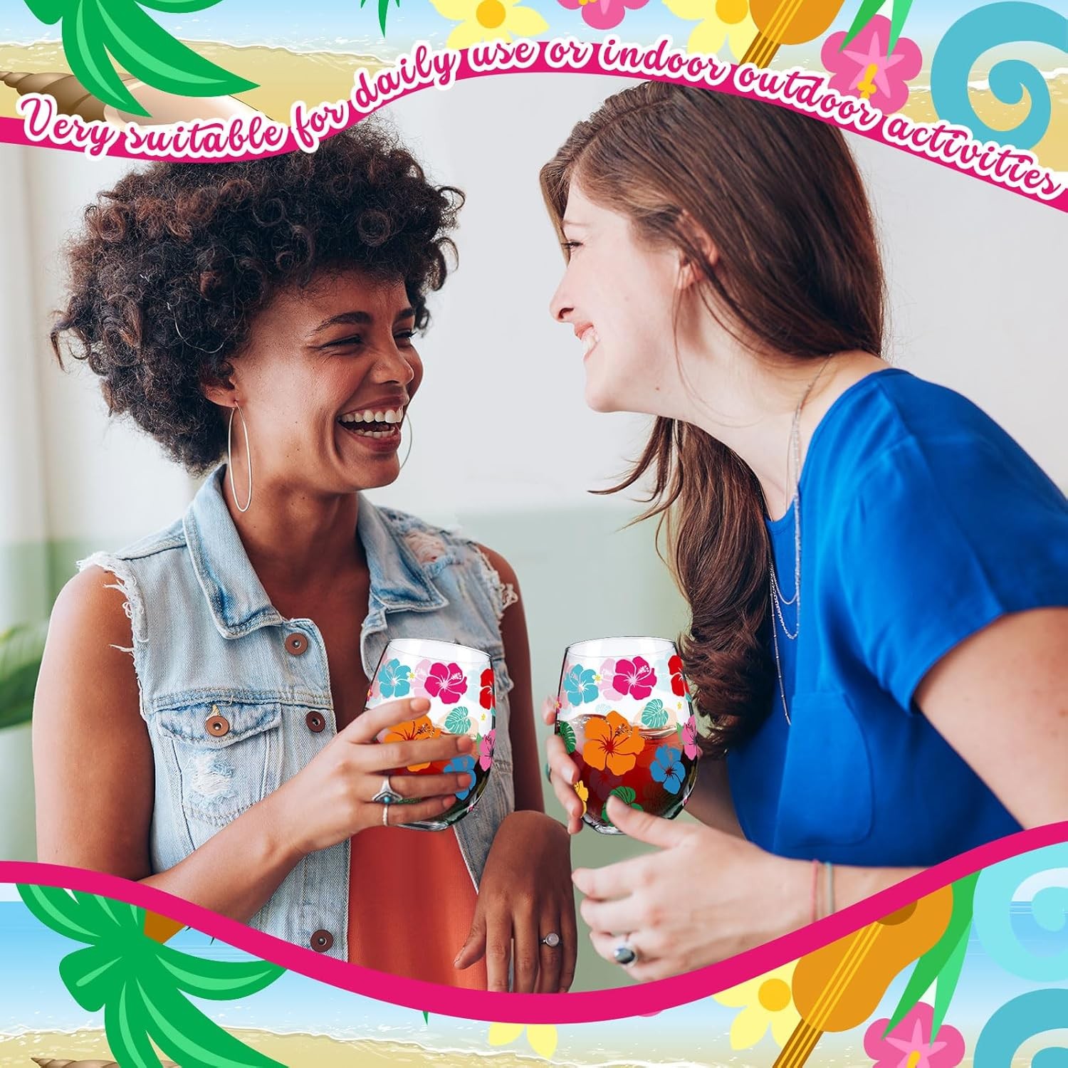 2 Pack 17oz Summer Hawaiian Stemless Wine Glasses Aloha Stemless Wine Glass Luau