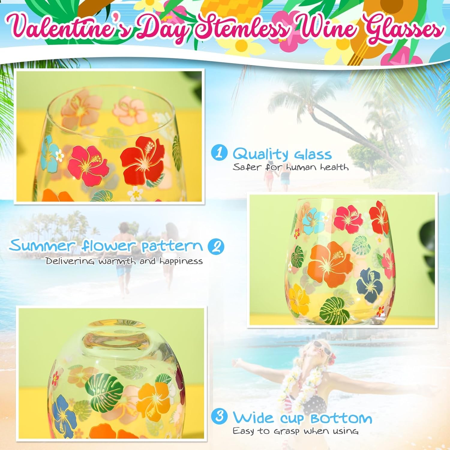 2 Pack 17oz Summer Hawaiian Stemless Wine Glasses Aloha Stemless Wine Glass Luau