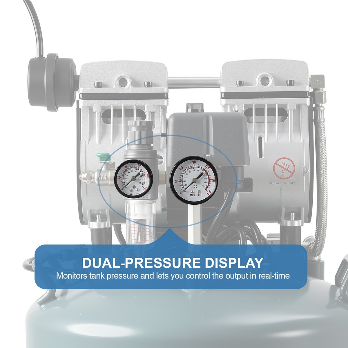 Dual Gauge Oil-Free Dental Air Compressor 40L/24L 155L/min Tank 58dB Low Noise