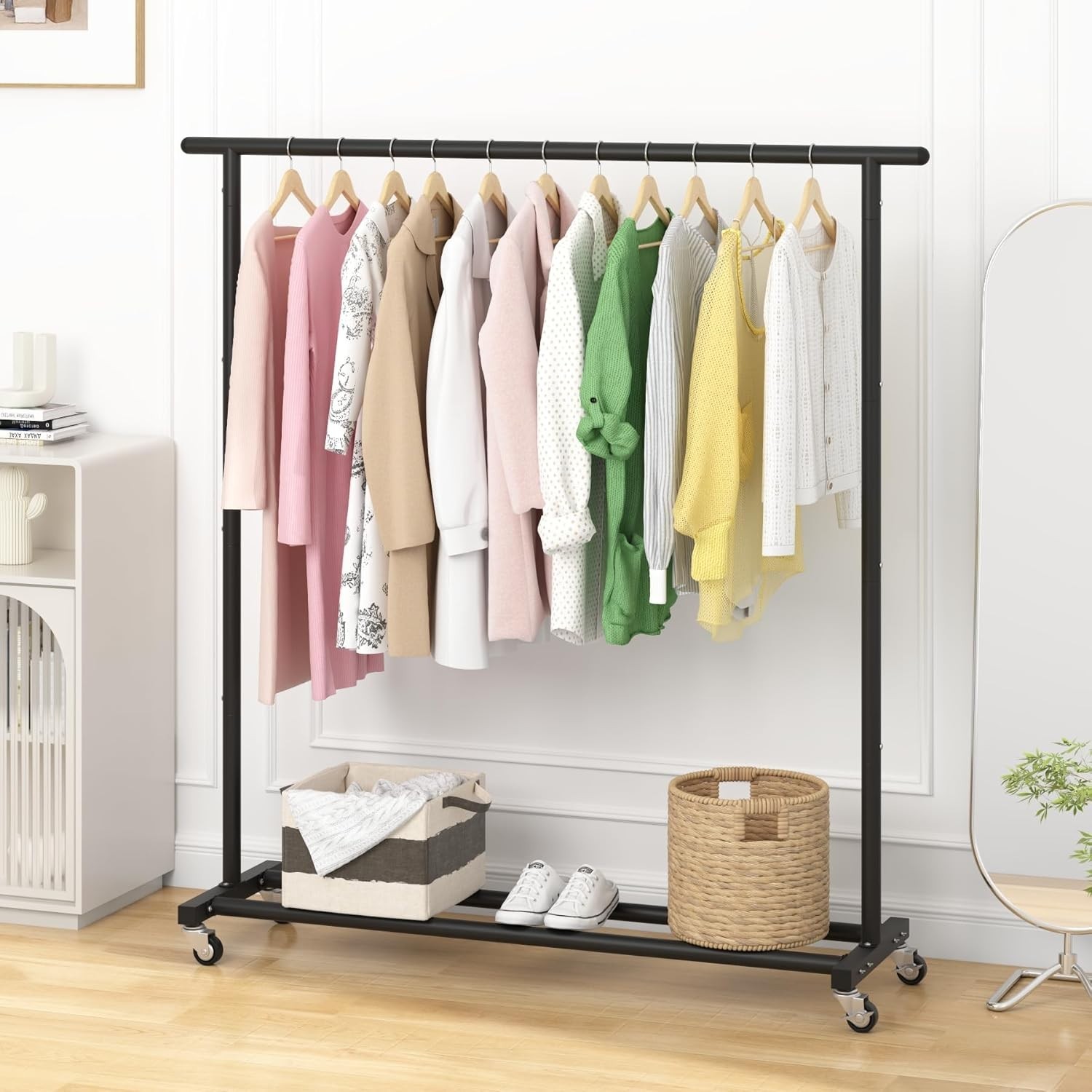 Adjustable Black Metal Rolling Garment Rack – Space-Saving, Portable, Heavy-Duty
