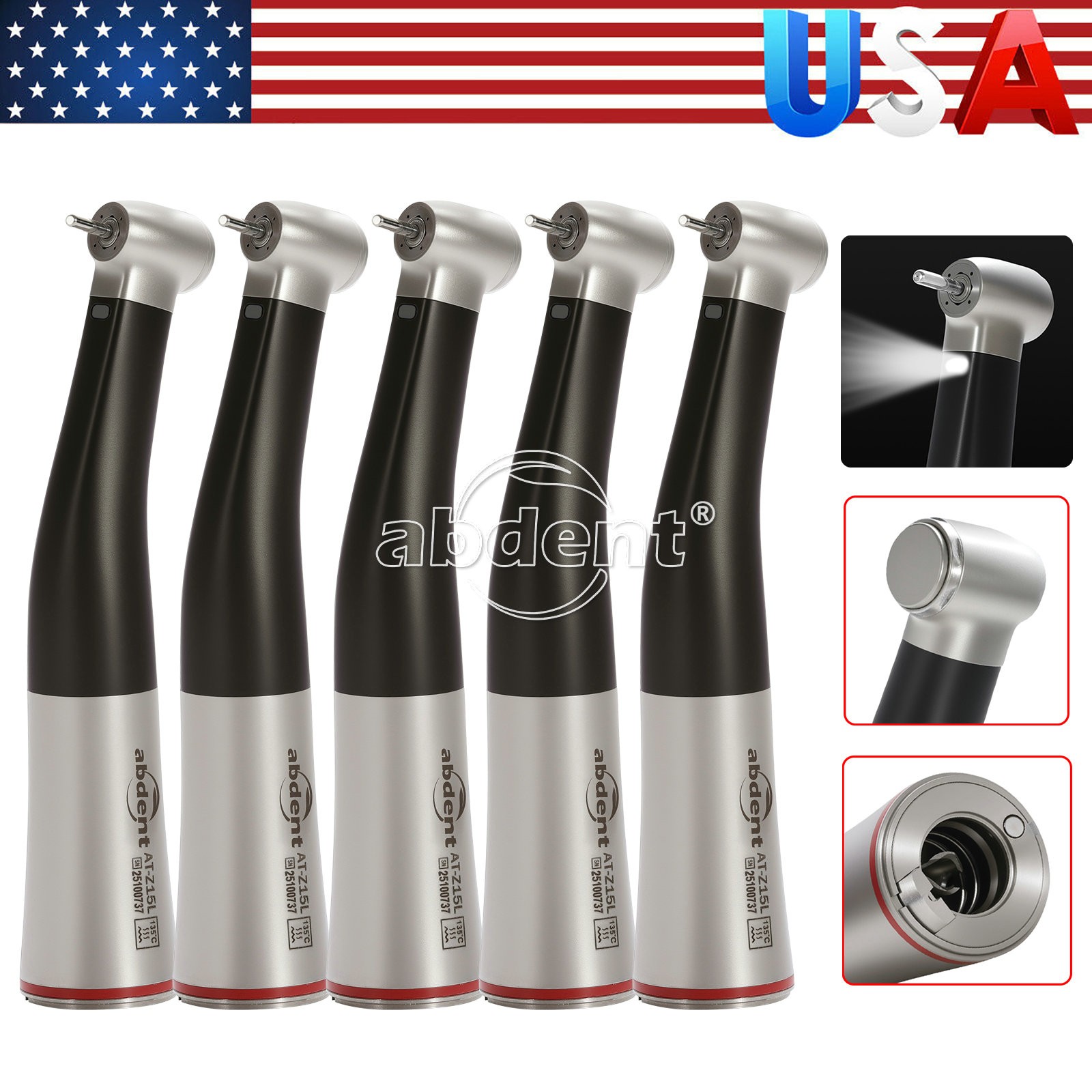 1-10*Dental 1:5 Increasing Speed Fiber Optic LED Contra Angle Handpiece Black dk