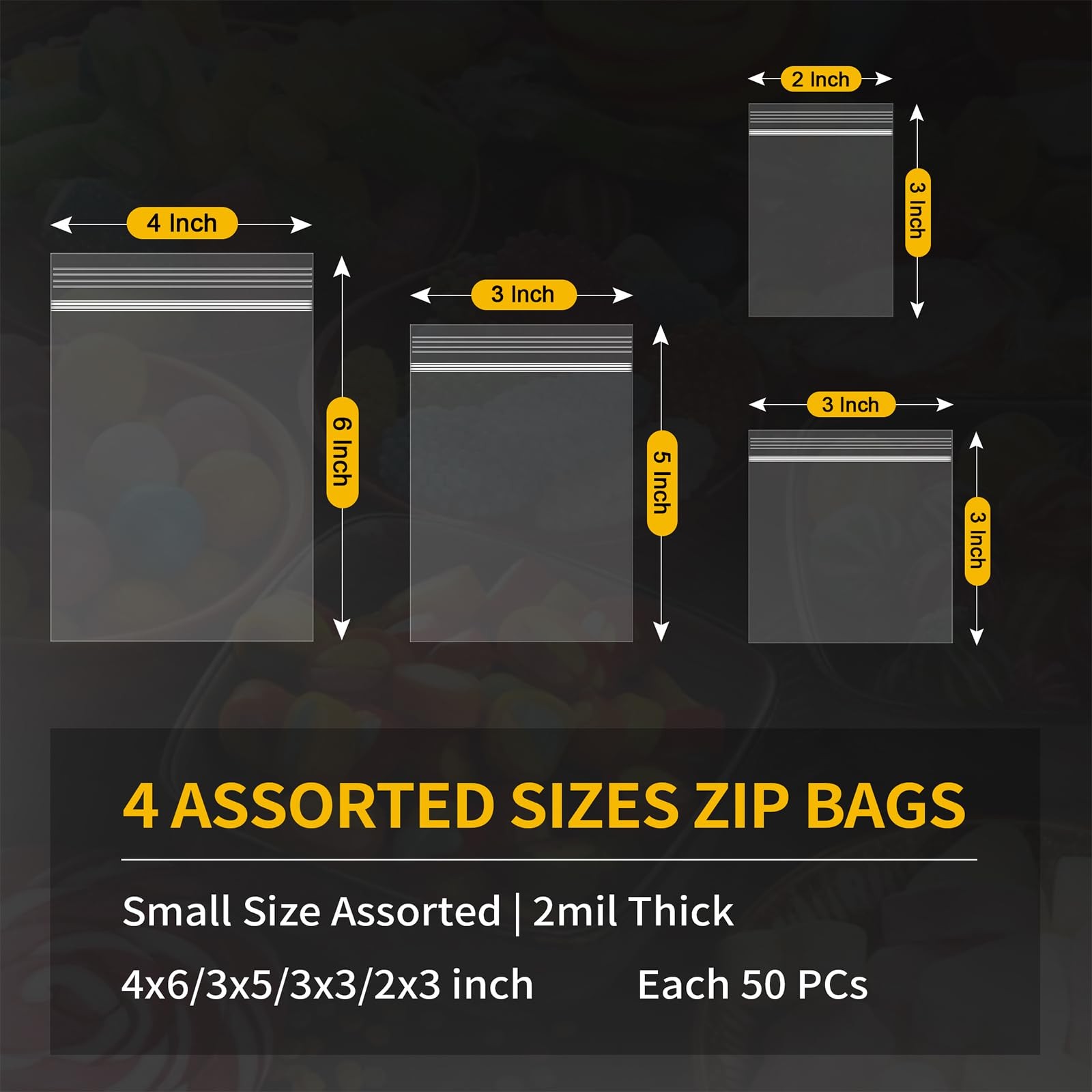 200 Pack Small Plastic Bags, Mini Baggies 4 Assorted Sizes. 2×3 3×3 3×5 4×6 Inch