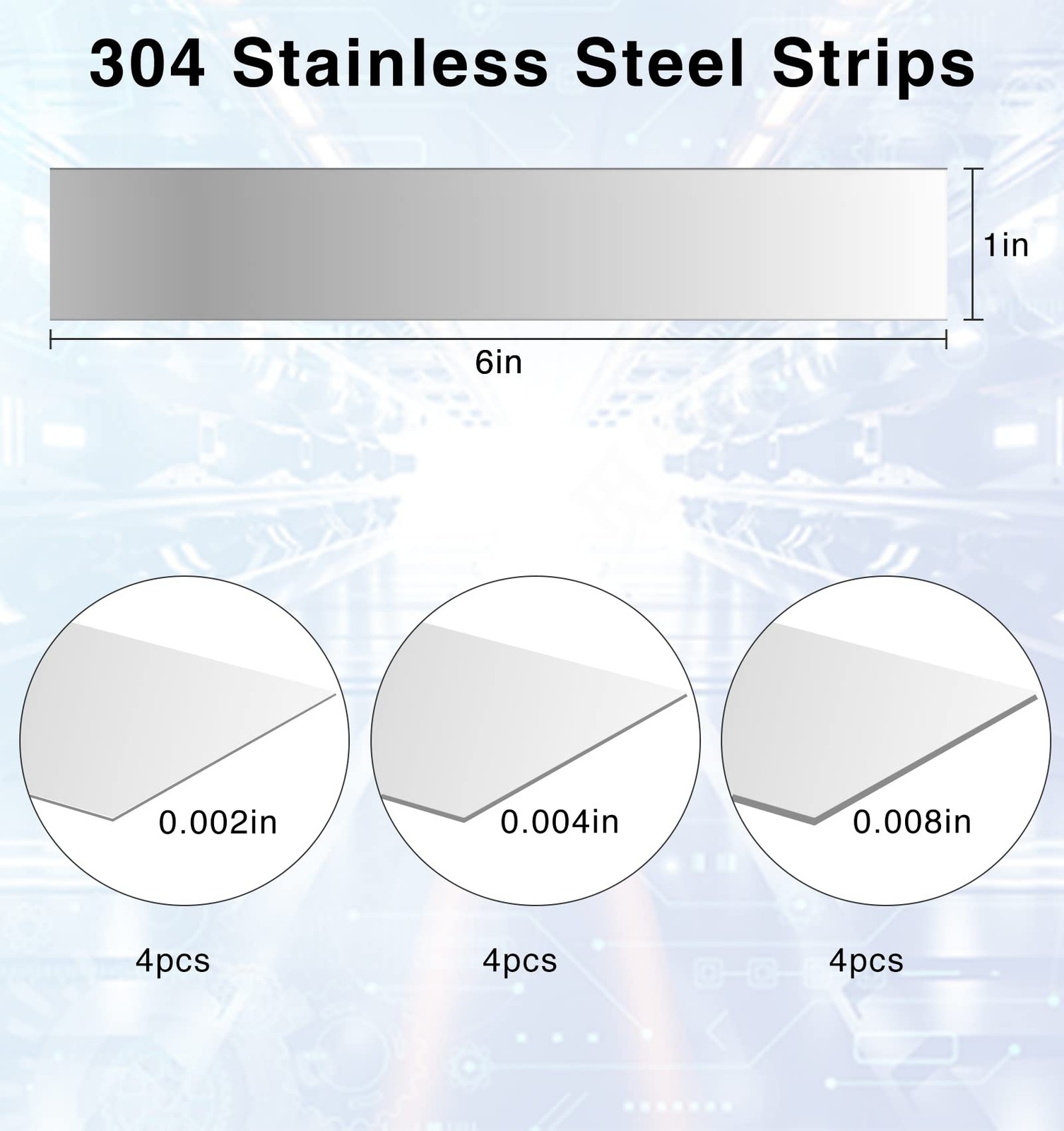 12 PCS 6″Lx1″W 304 Stainless Steel Strip Shims 0.002″ 0.004″ 0.008″ Thickness