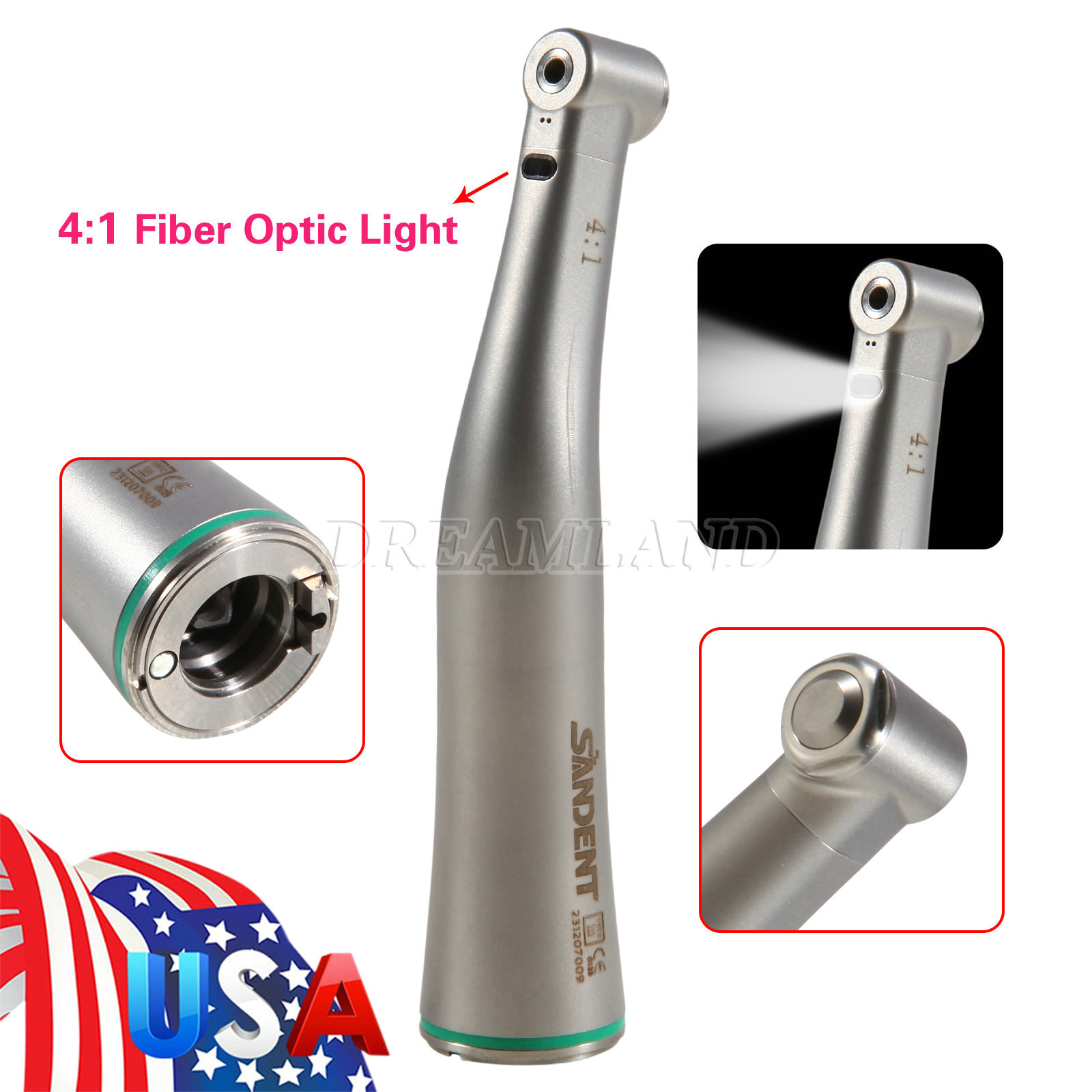 Dental 4:1 LED Fiber Optic Contra Angle Handpiece Quattro Spray Internal Channel