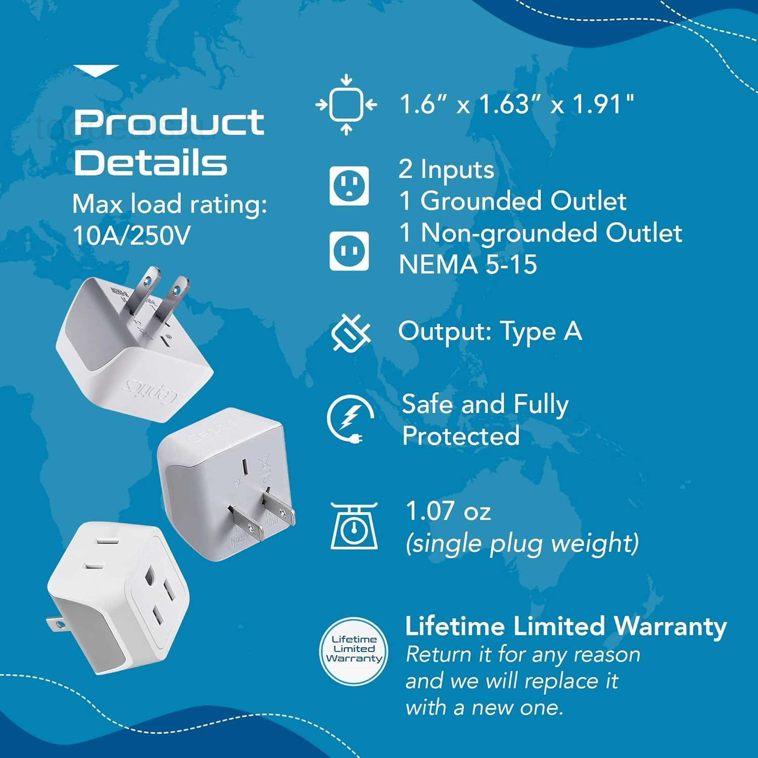 Japan, Philippines Travel Adapter Plug by Ceptics – USA 3 1 Pack, white gray