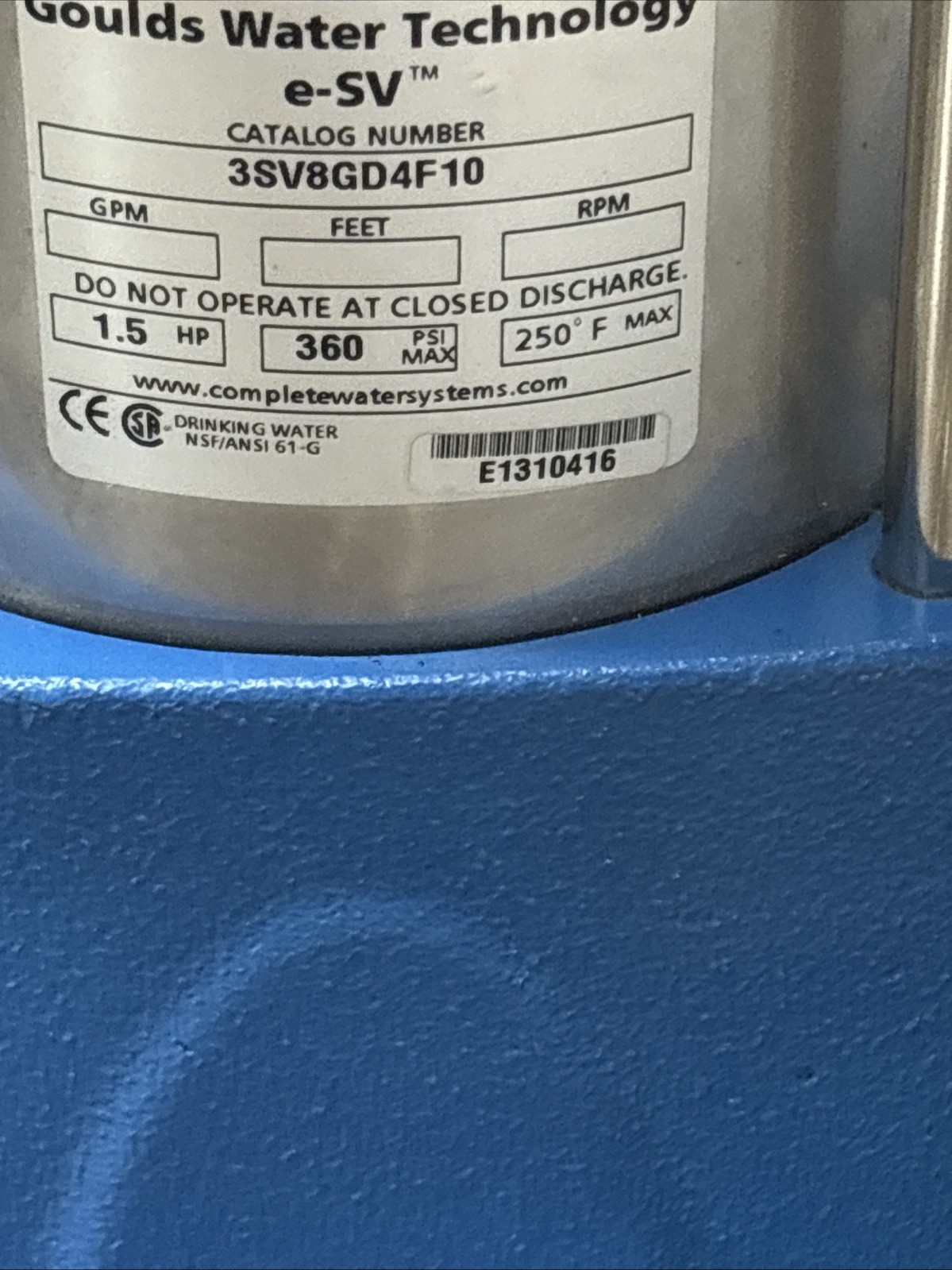 Goulds e-SV Stainless Steel Pump 3SV8GD4F10 1.5HP 3500RPM 360PSI Max Used
