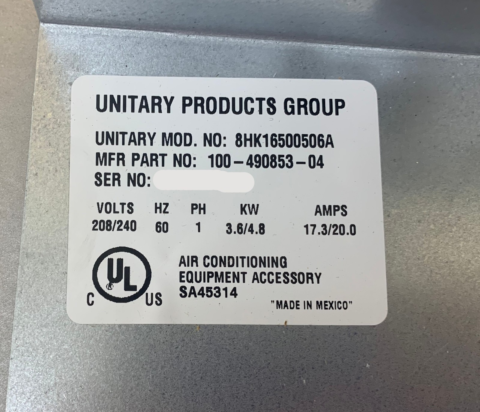 York 100-490853-04 1PH 3.6/4.8KW 208/240V 17.3/20.0Amps Electric Heat Assembly