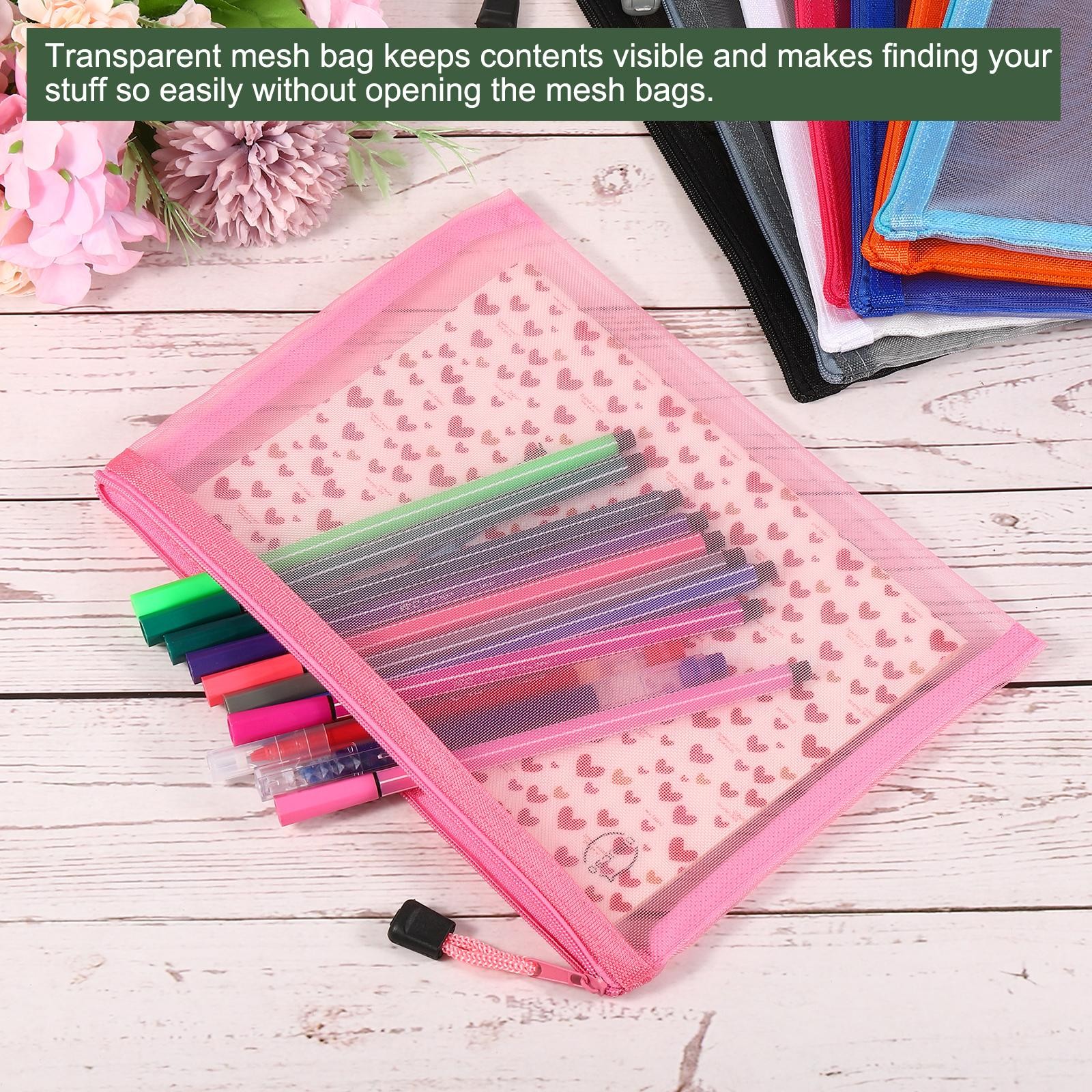 6 Pack Mesh Cosmetic Bags A5 Nylon Pencil Cases Zipper Organizer Black