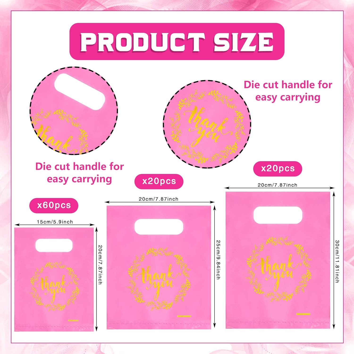 100 PCS 3 Sizes Thank You Plastic Merchandise Bags Shopping Bag with Handle Reta