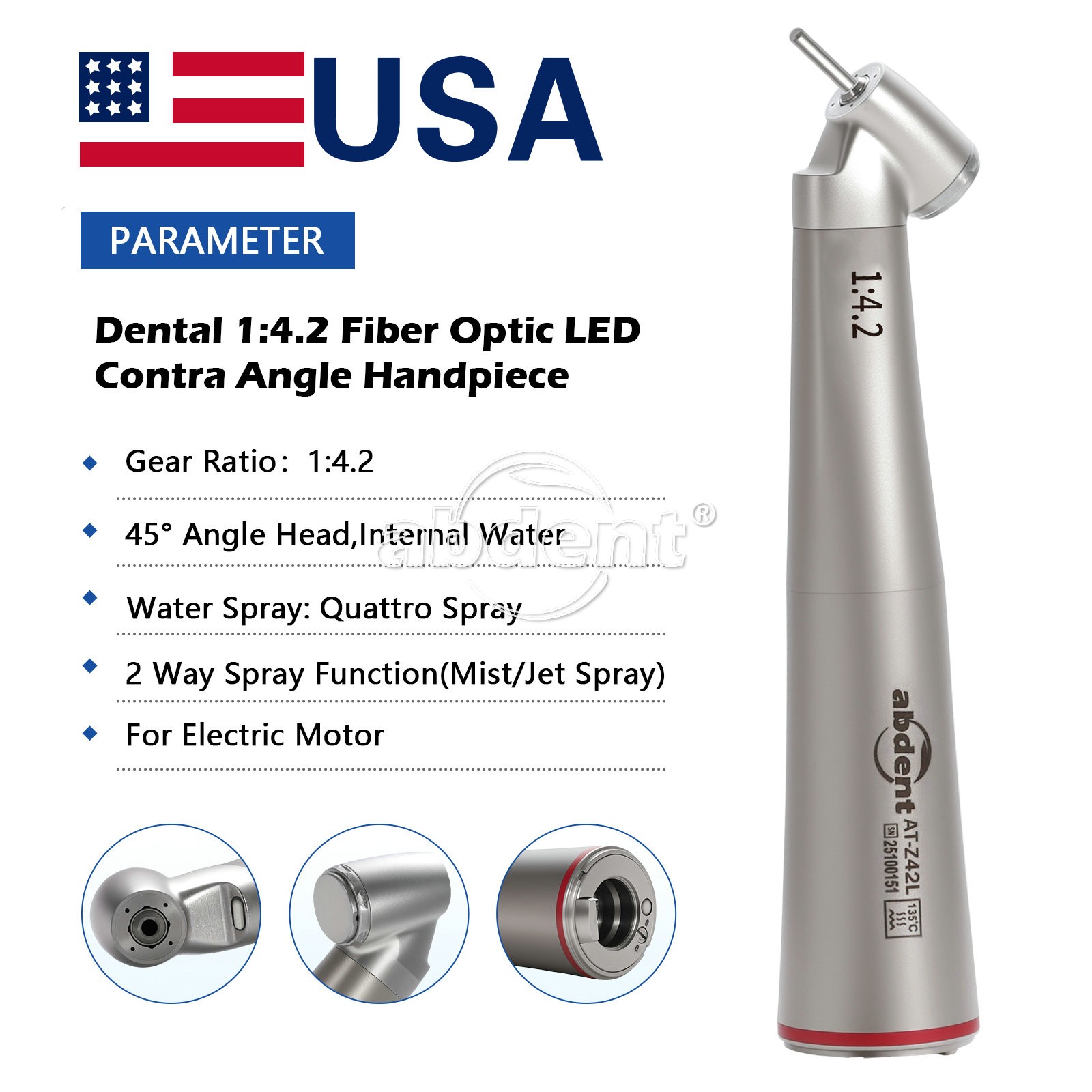 45° Electric Contra Angle LED Optic 1:4.2 Handpiece Quattro Spray abdent