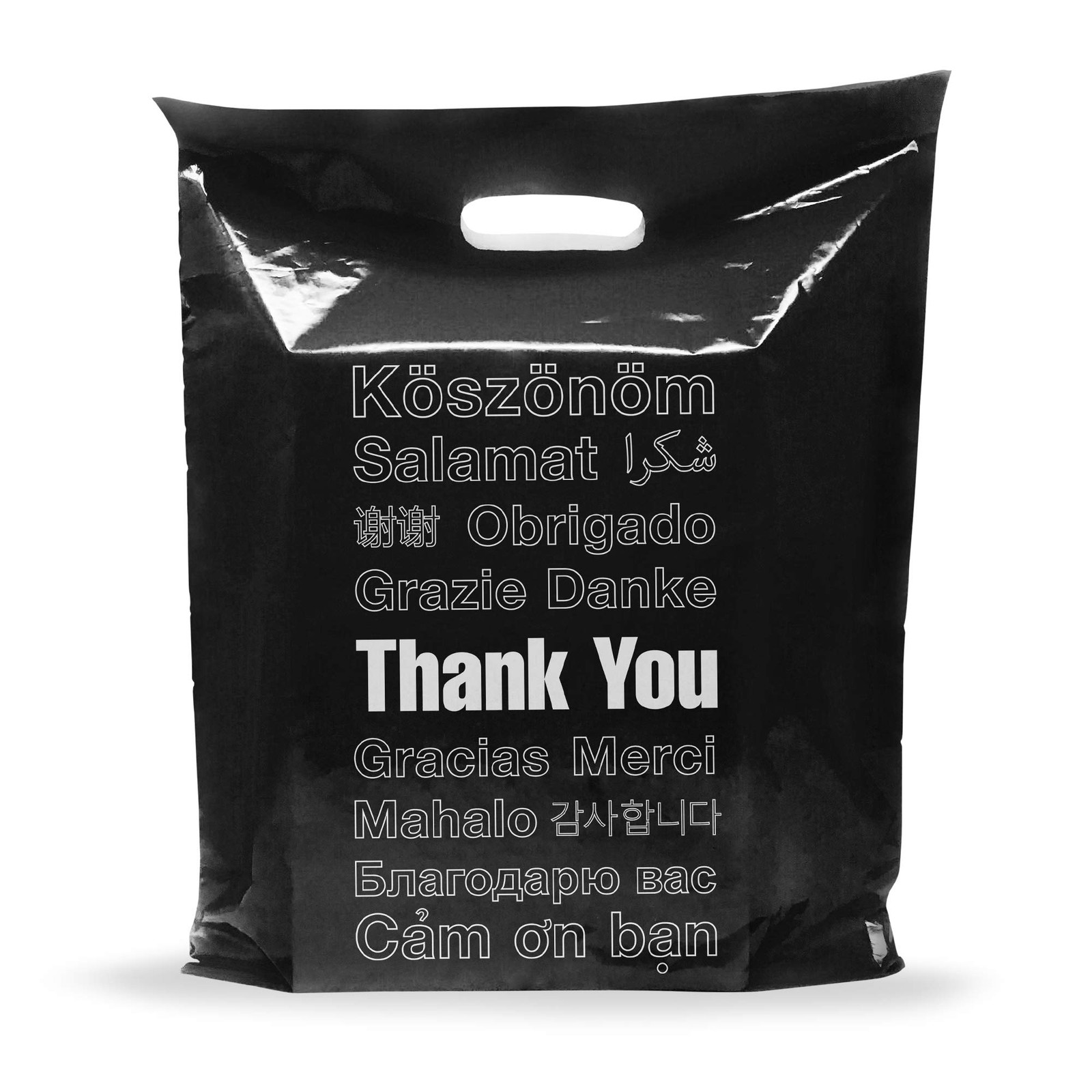12×15 Black Thank You Merchandise Bags, Multi-Language Design, Medium Size, 1…