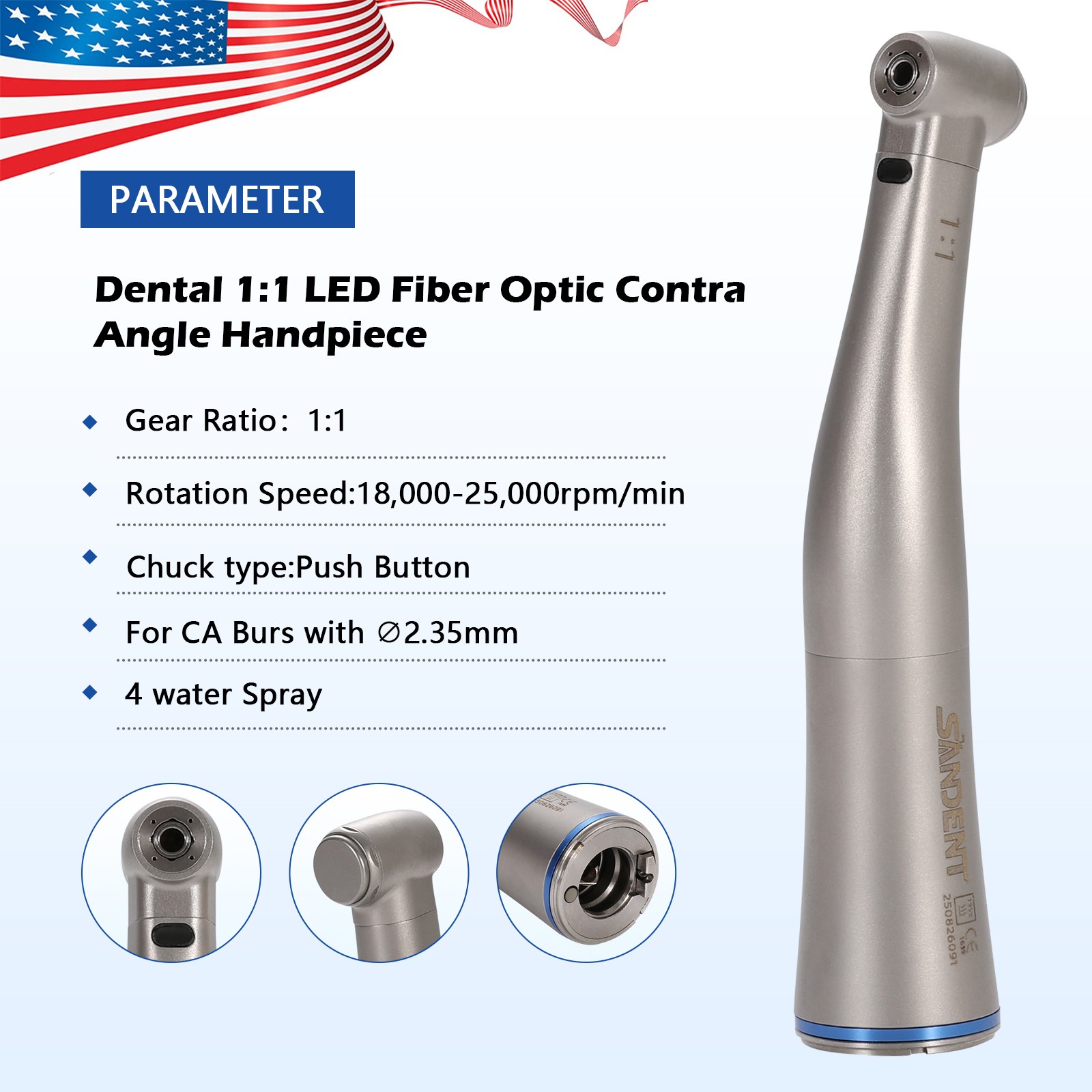 SANDENT Dental 1:1 Fiber Optic LED Contra Angle Handpiece Inner 4 Spray E-type