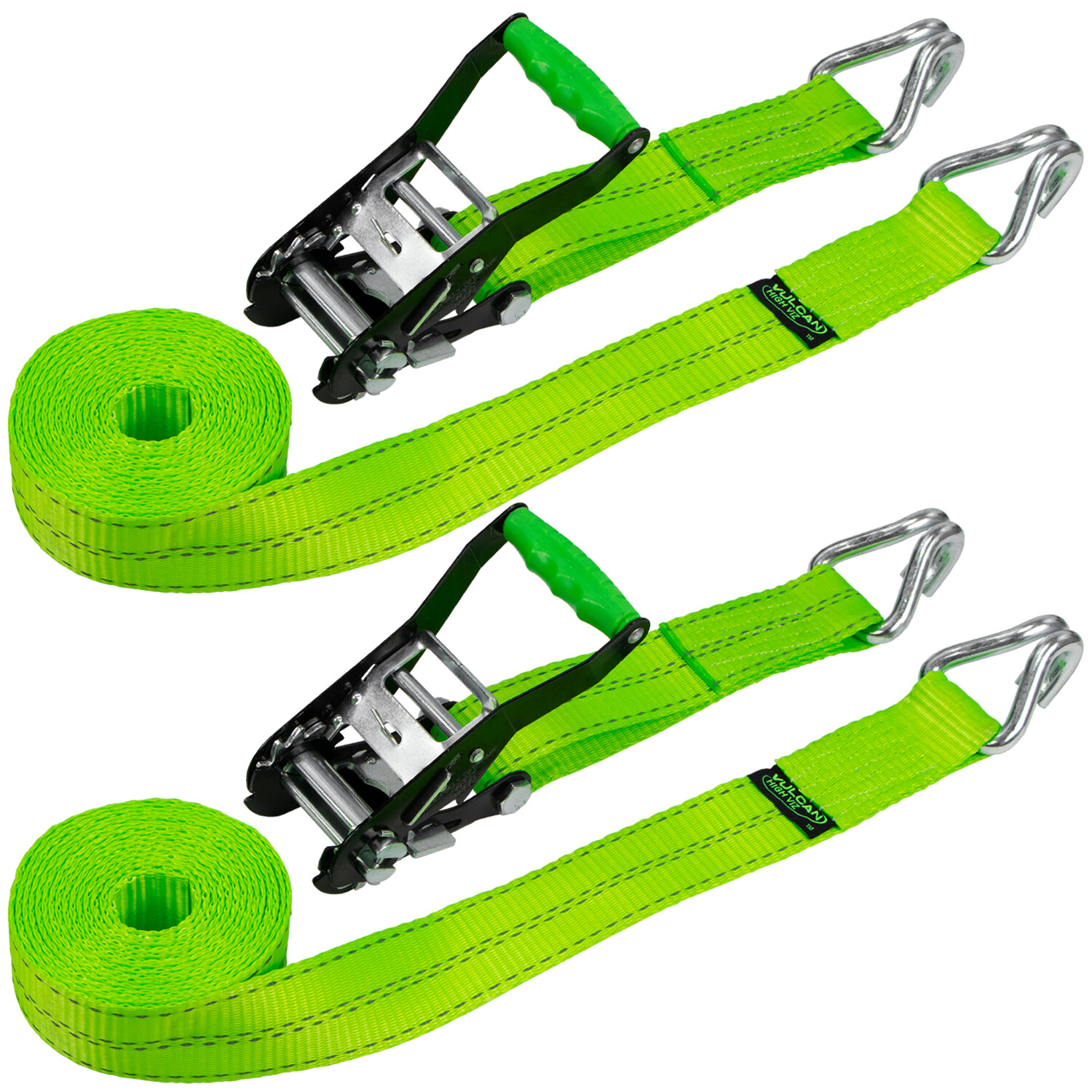VULCAN High-Viz 2”x15′ Ratchet Straps, Wire J-Hooks, 3300 lbs. SWL, 2 Pack