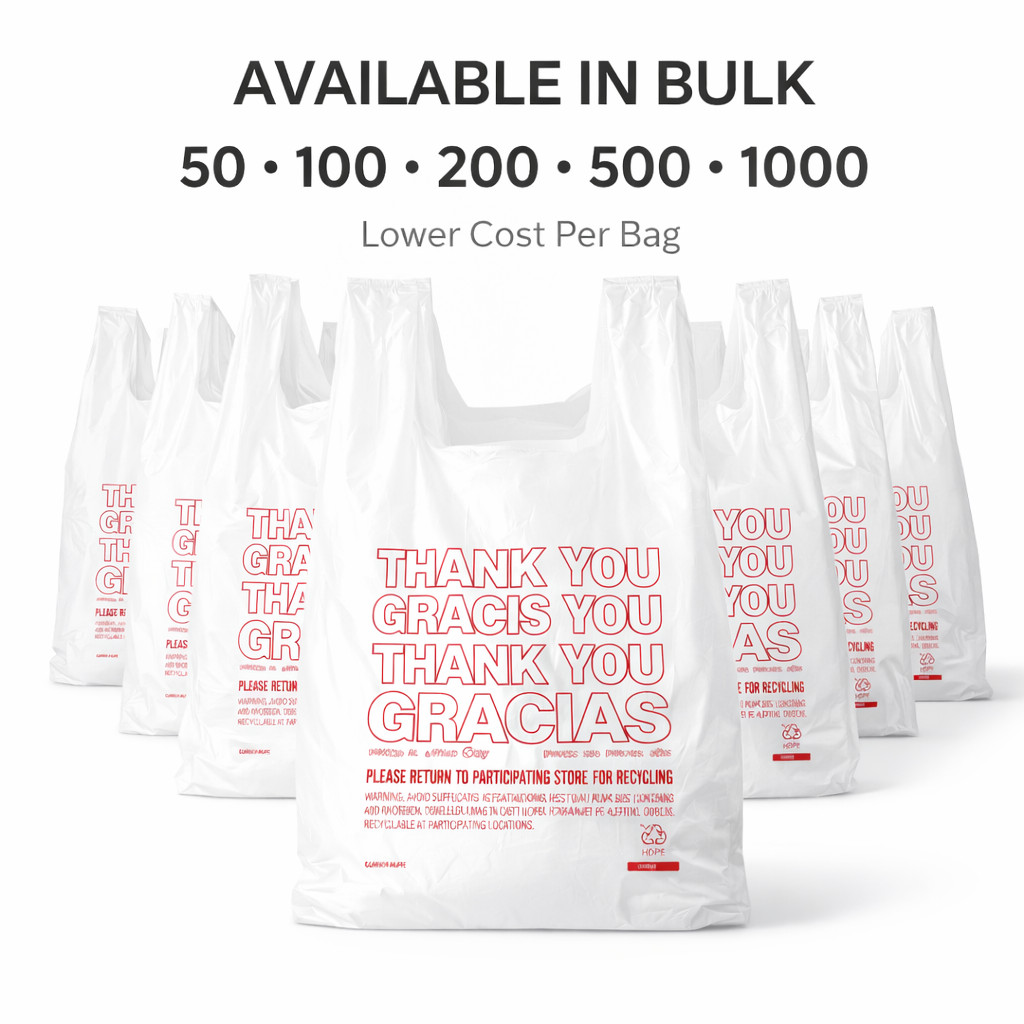 Bags 1/6 Large 21 x 6.5 x 11.5 THANK YOU T-Shirt Plastic Grocery Shopping Bags