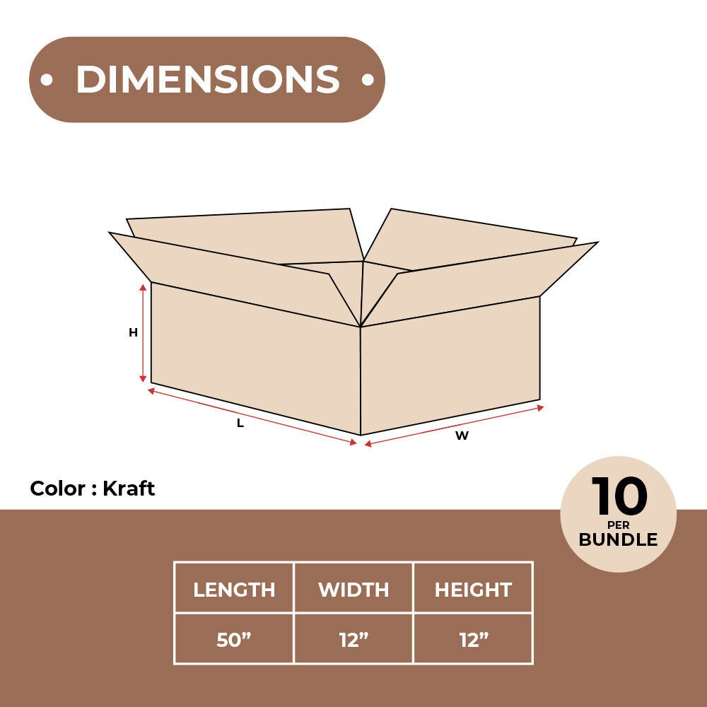 50 x 12 x 12″ Long Corrugated Boxes, ECT-32 Brown Shipping/Moving Box 10/Bundle