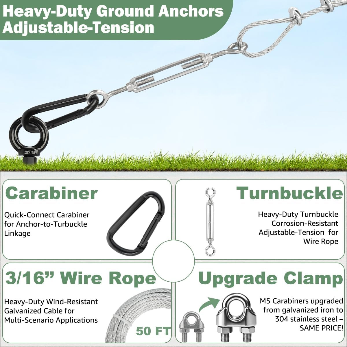 Heavy Duty 30” Ground Anchors Kit with Cable & Turnbuckle for Secure Tie-Downs