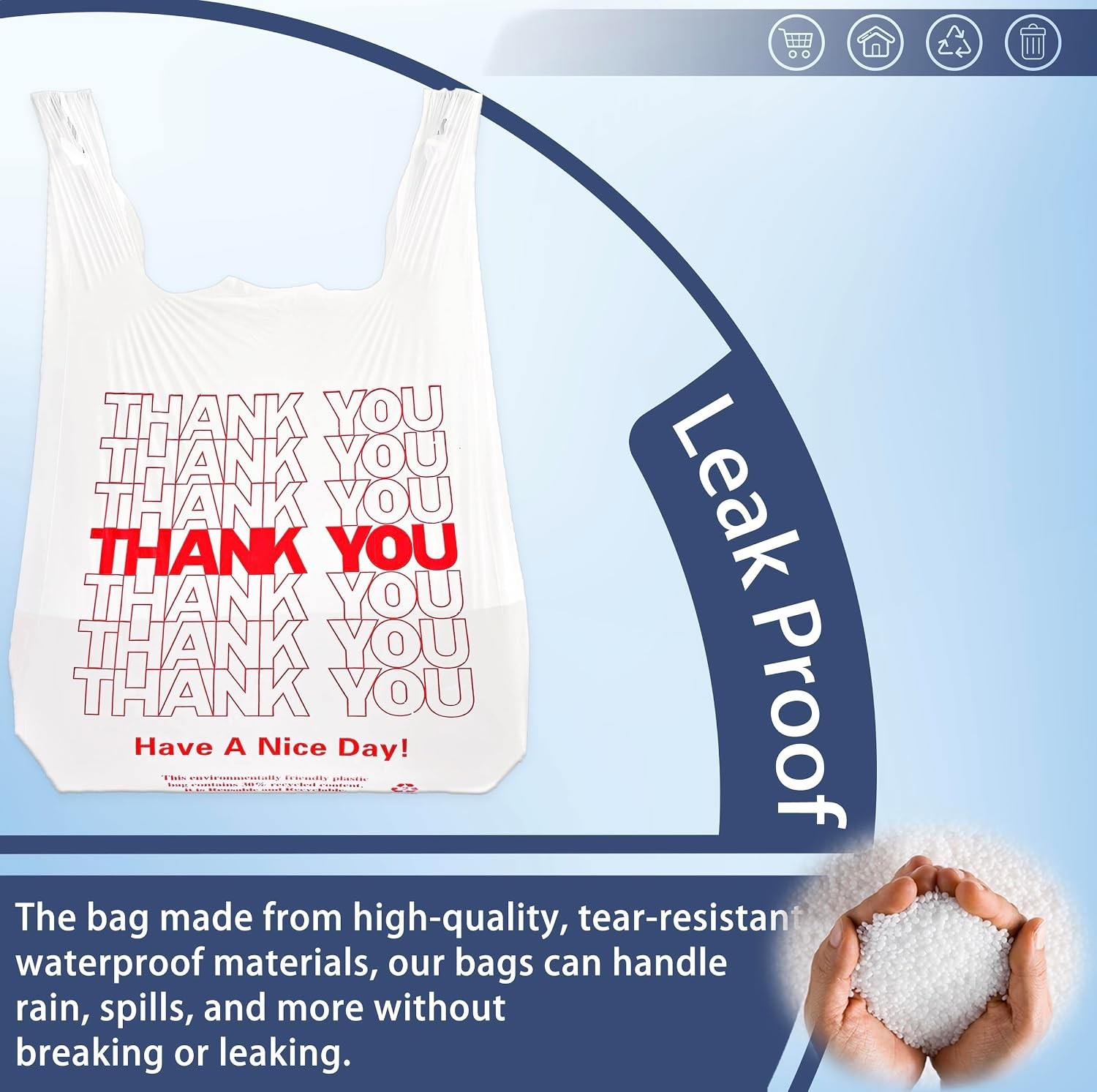 100 Count White Thank You T-Shirt Bags, 11 x 6 x 21 in | Durable HDPE with