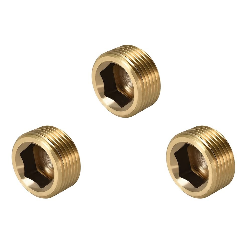 HeavyDuty Brass Pipe Plug 1/2 NPT Internal Hex 3 Pcs for Fluid Control