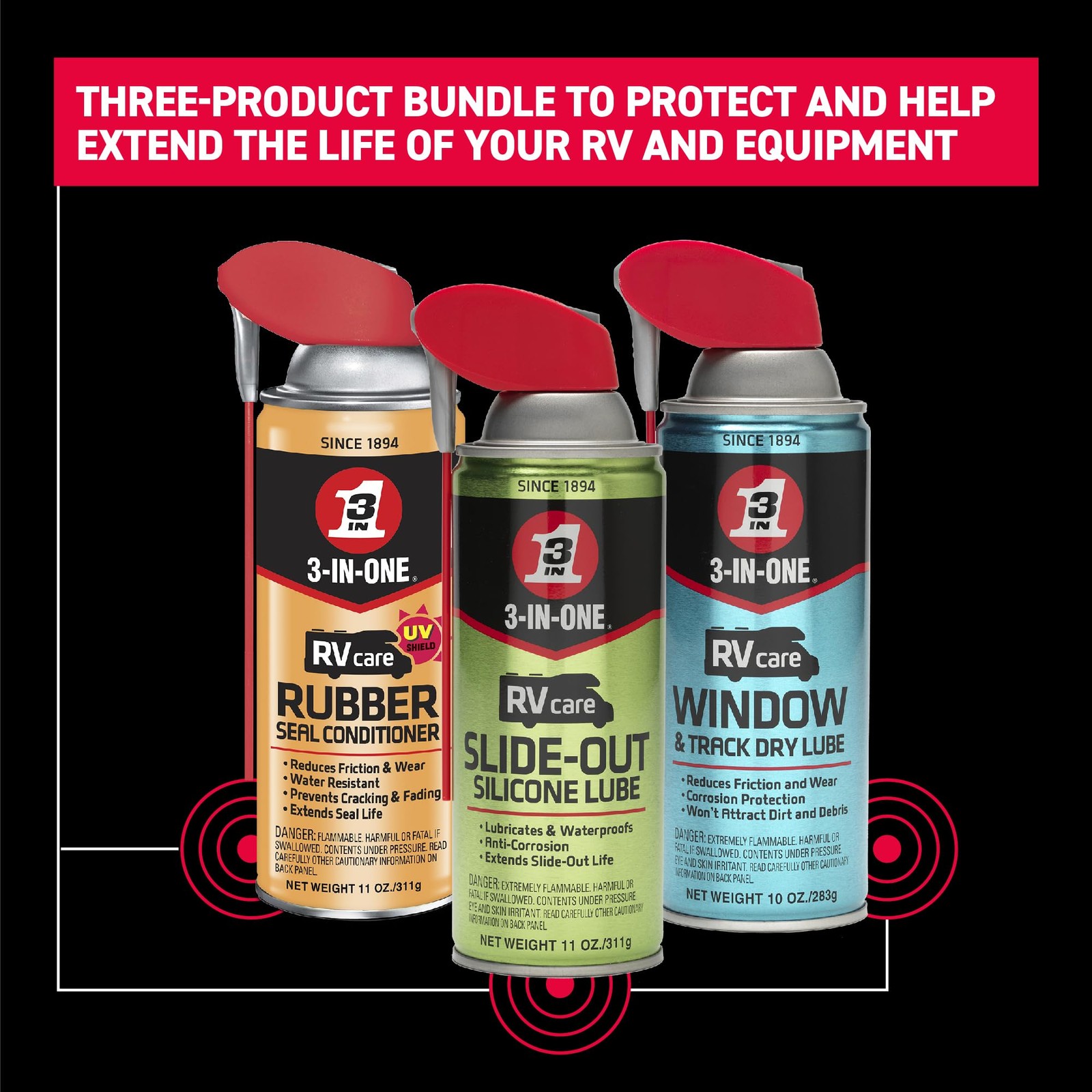 3-IN-ONE RV Care Trio Pack Includes Slide Out Lube 11 oz, Window & Track Lube