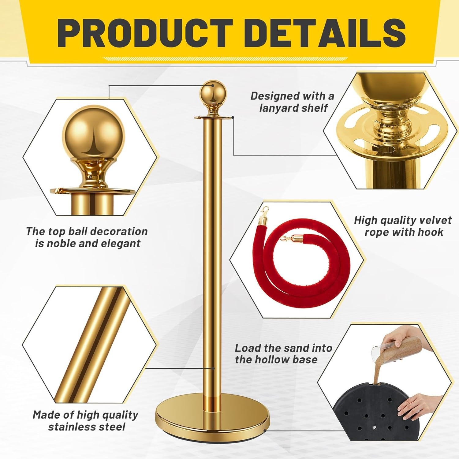 Gold Stanchion Set with Velvet Ropes for Events, Parties & Photo Booths