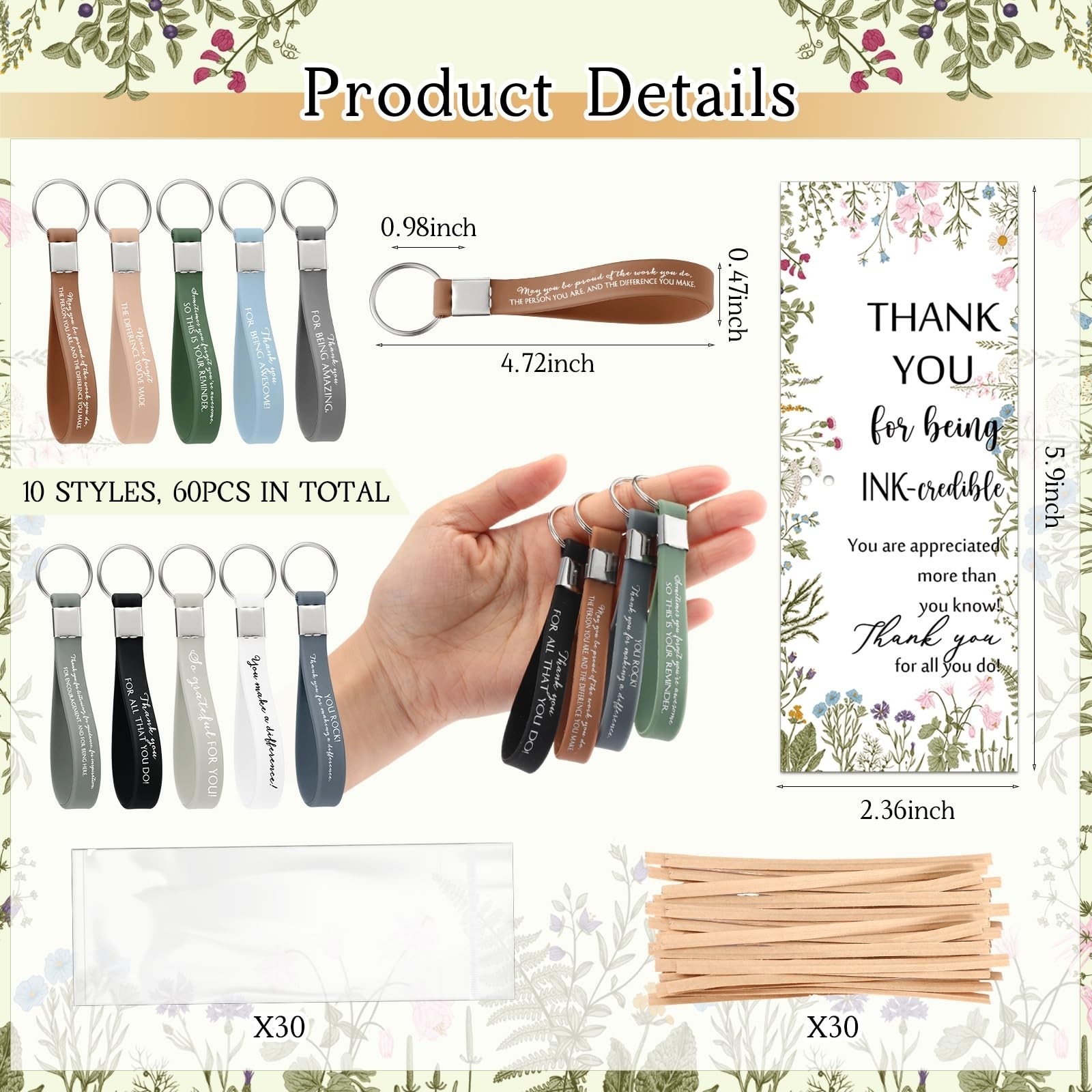 Geyoga 30 Sets Thank You Gifts Bulk Inspirational Silicone Keychain Bamboo Pe…